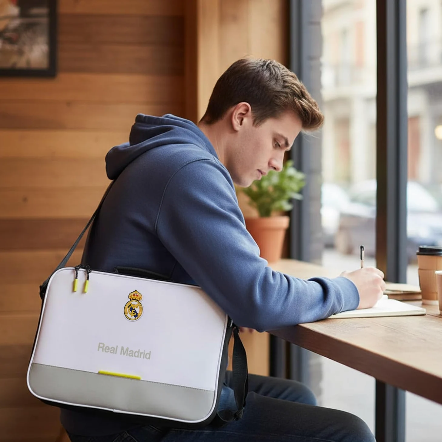Cartera extraescolares Real Madrid equipación 25/26 para libros y material – Cartera extraescolares Real Madrid con asa para actividades y colegio