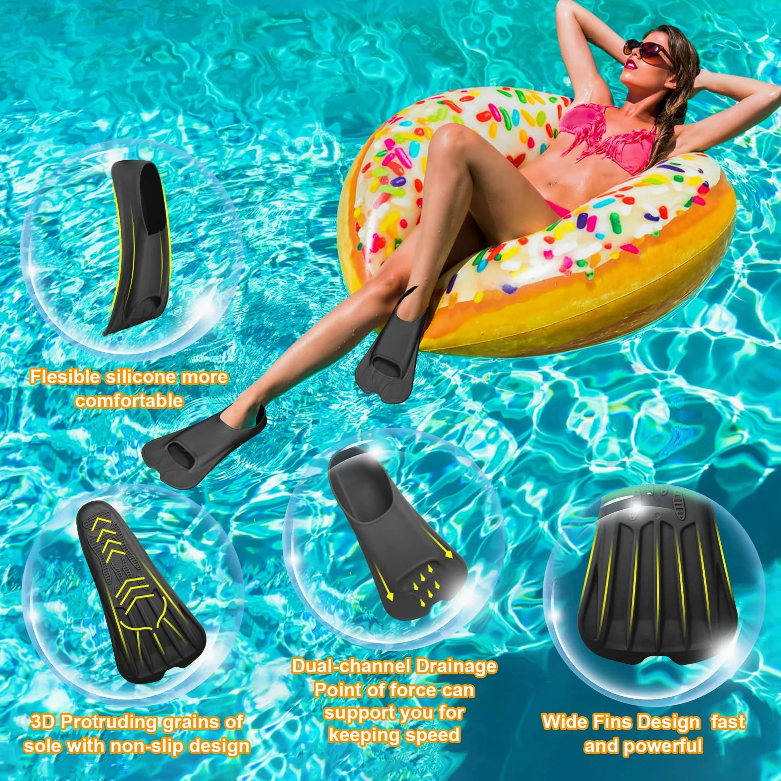 Aletas de natación, aletas cortas de silicona, aletas de natación con bolsa de malla para natación, niños, adultos, hombres y mujeres