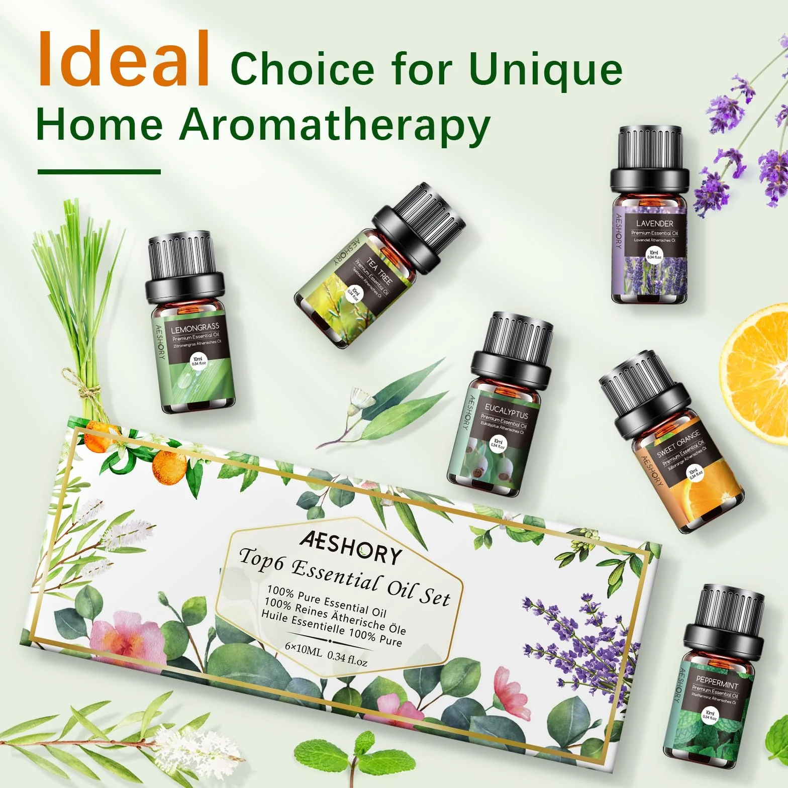 Aceites Esenciales para Humidificador 6 x 10ML, Set de Aceites Aromáticos Naturales para Difusor, Aromaterapia - Lavanda, Menta, Árbol de Té, Eucalipto, Naranja Dulce
