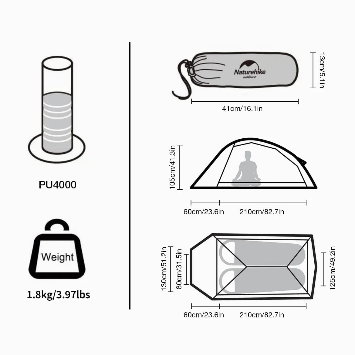 Naturehike Cloud-Up 2 Tienda de Campaña 2 Personas 3-4 Temporada Tienda Mochila Ligera(Actualizar Gris 20D)