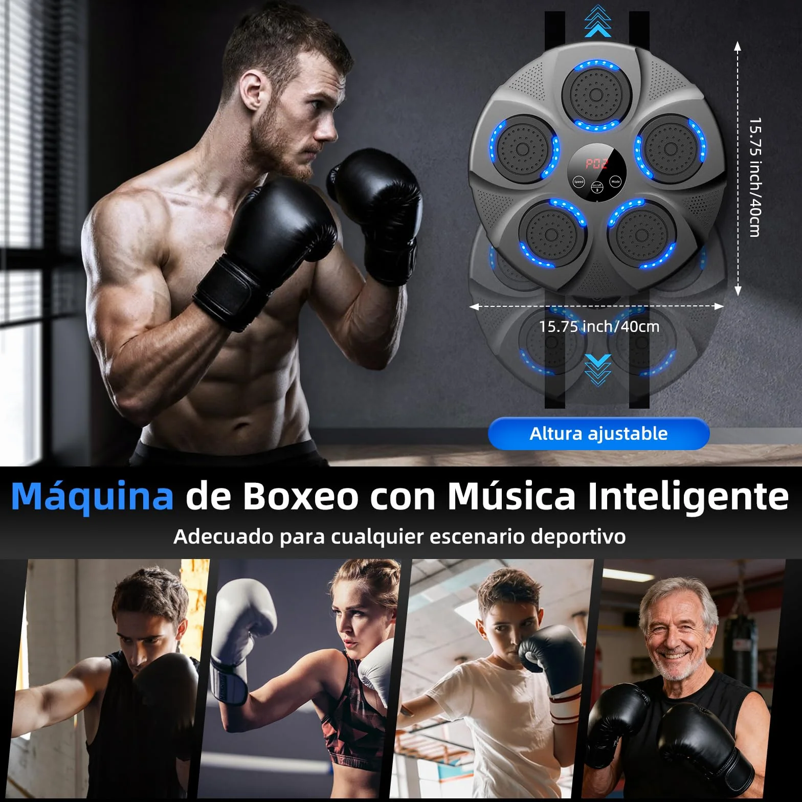 Máquina de Boxeo Musical Electrónico Profesional con Guantes Bluetooth 9 Velocidades Negro