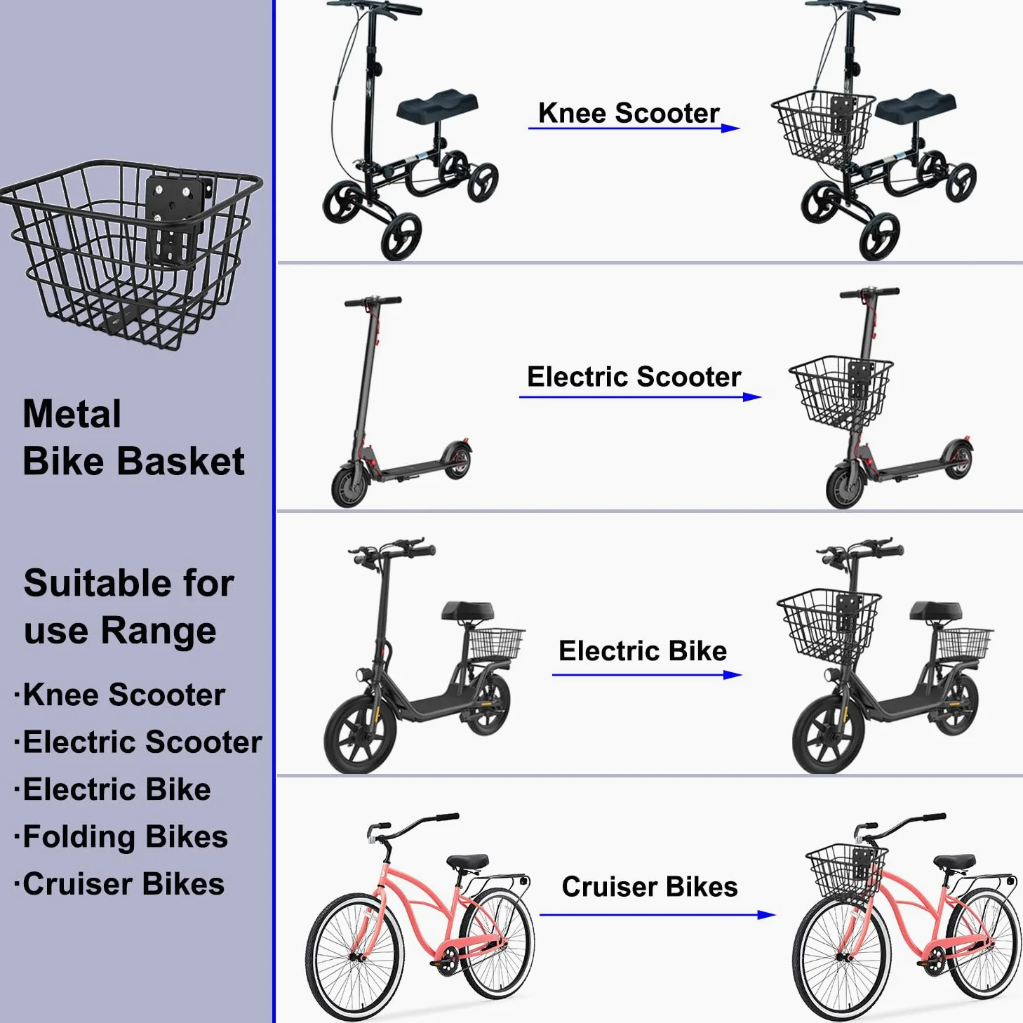 Cesta de bicicleta con red de carga y cubierta, cesta de scooter con soporte fijo, cesta de bicicleta eléctrica de metal para bicicleta eléctrica Jetson, scooter, scooter de rodilla y bicicleta