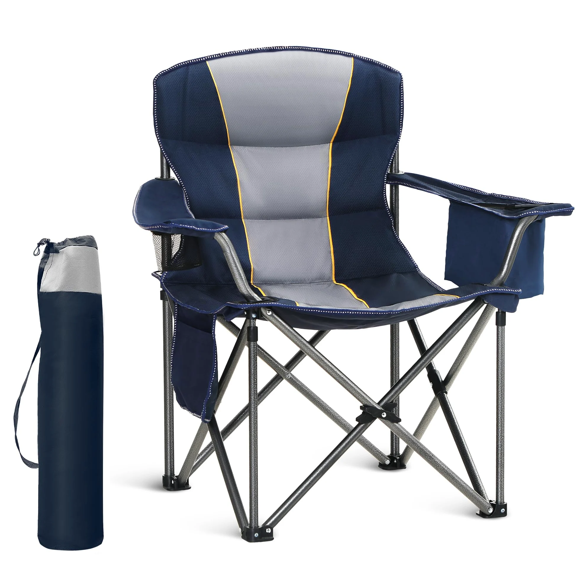 LET'S CAMP Silla de camping plegable de gran tamaño, hasta 200 kg | Con soporte para bebidas, bolsa isotérmica, silla plegable de exterior de Oxford 600D