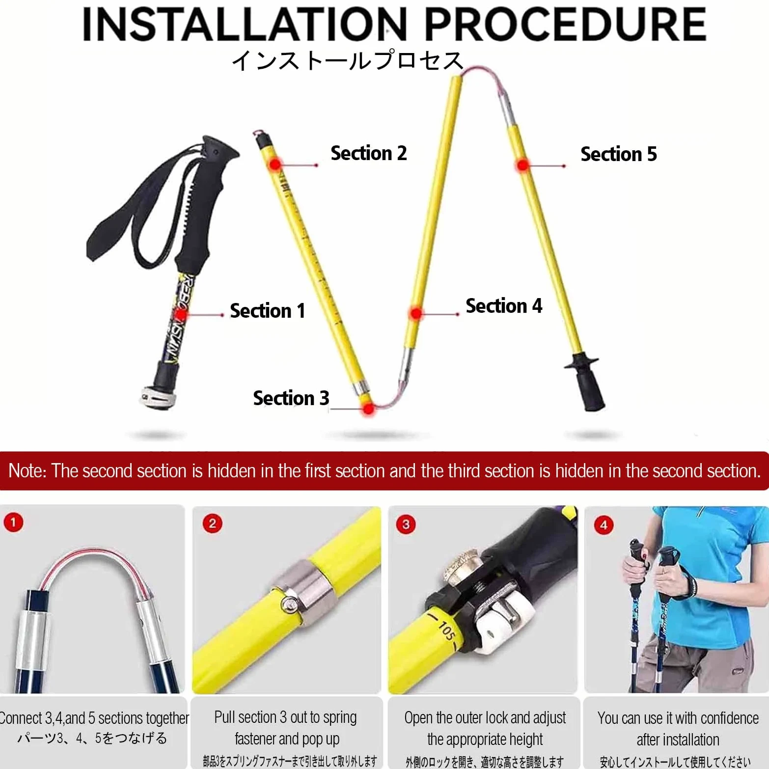 Bastones de senderismo ligeros y plegables, bastones telescópicos de 5 secciones, cuerpo de fibra de carbono, ajustable de 105 a 120 cm para actividades al aire libre