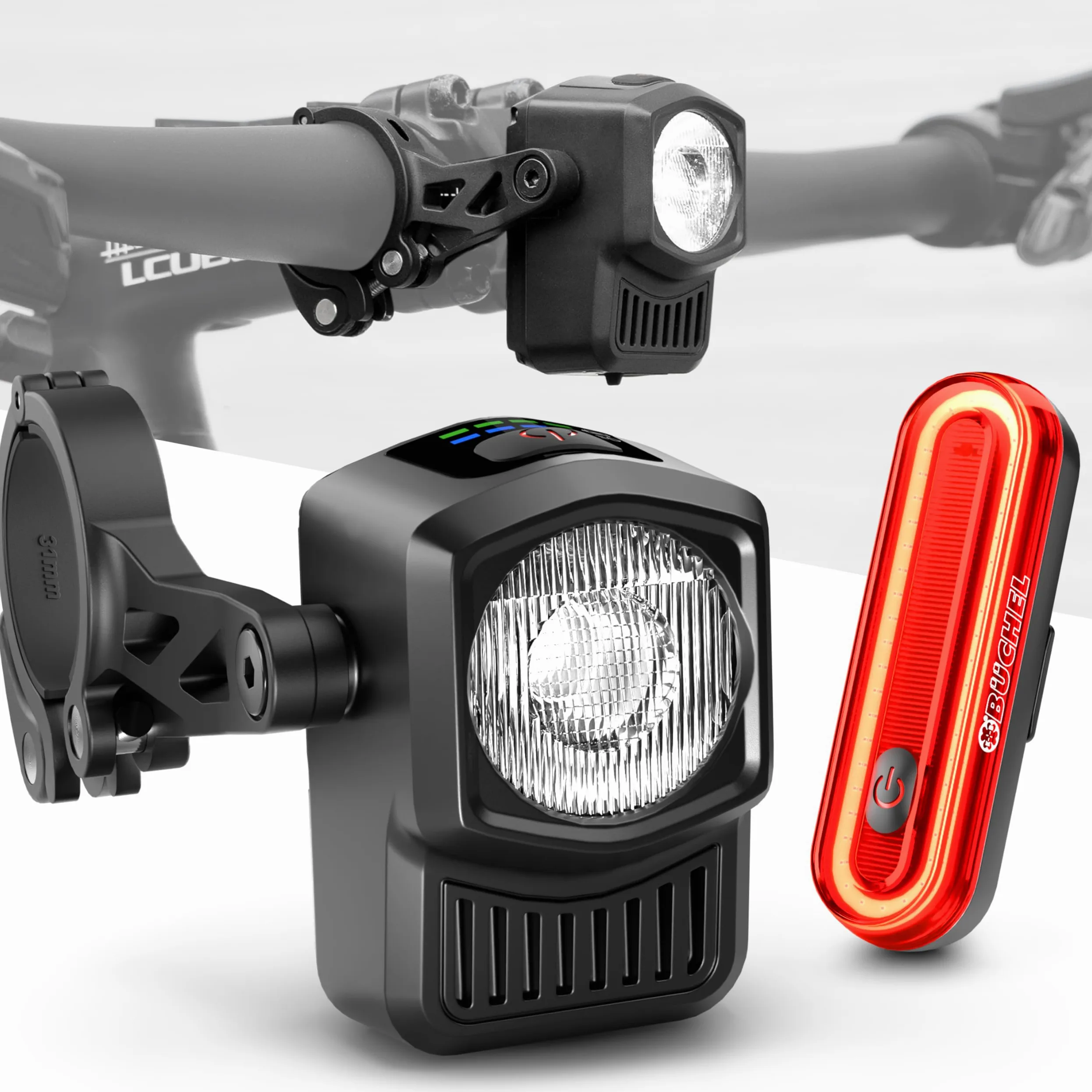 BÜCHEL Juego de luces LED para bicicleta con 8 horas de duración e indicador de control. Luz frontal con 4 modos de iluminación (15-60 Lux). Juego de iluminación para bicicleta compatible con StVZO