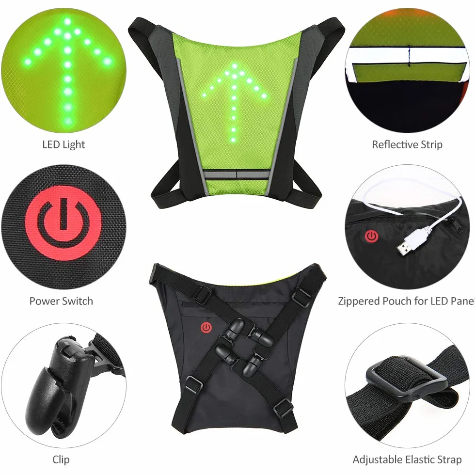 Lixada Chaleco de señal de Giro LED, Chaleco Reflectante USB Recargable con indicador de dirección y Control Remoto, para Ciclismo Luz de Advertencia