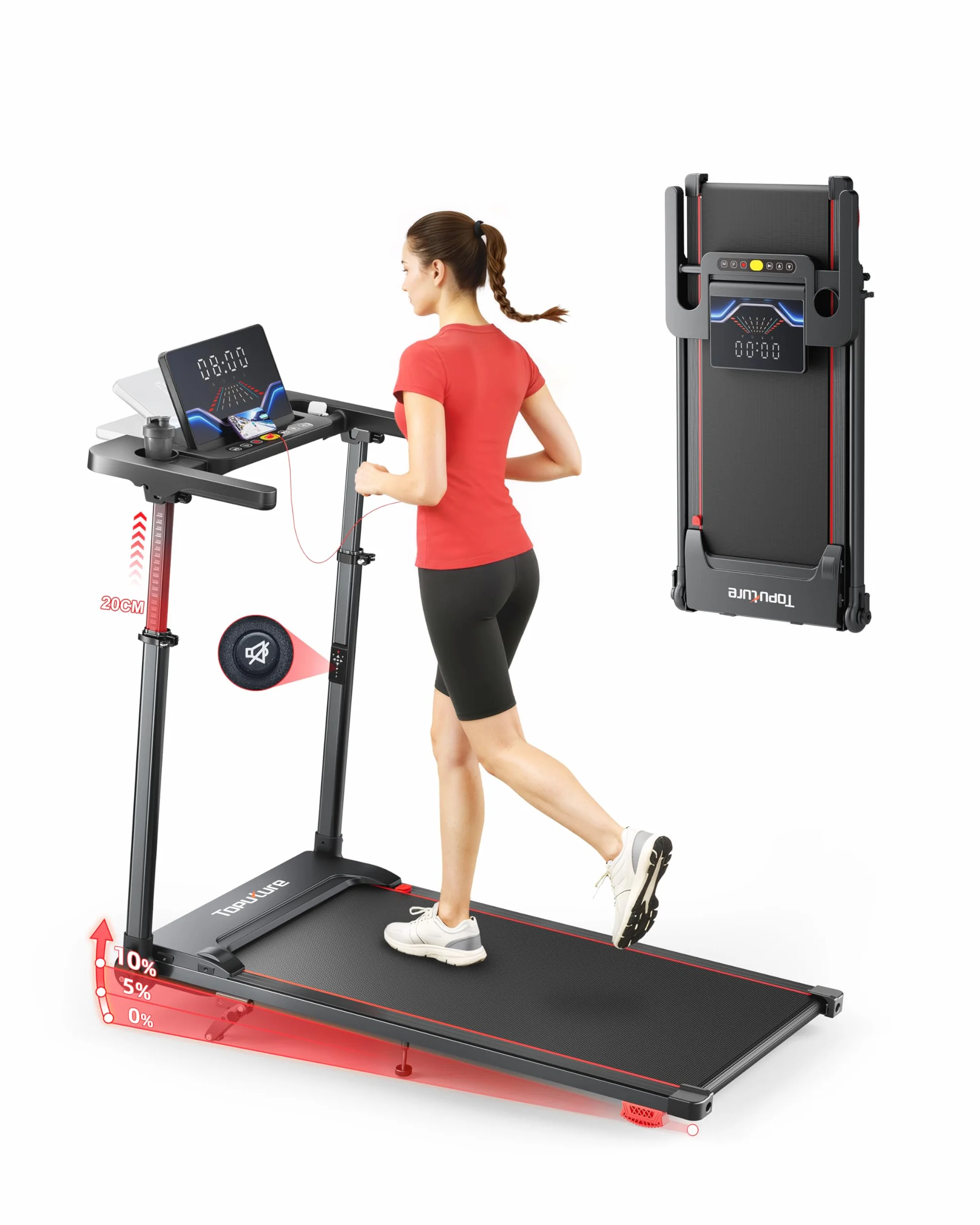 6 EN 1 Cinta de Correr Plegable, 0%-5%-10% Inclinación, 12 KM/H, Toputure Cinta Andar con Manillar Ajustable para Hogar y Oficina, Walking Pad con App, Control Remoto, 95°-105° Pantalla LED Ajustable