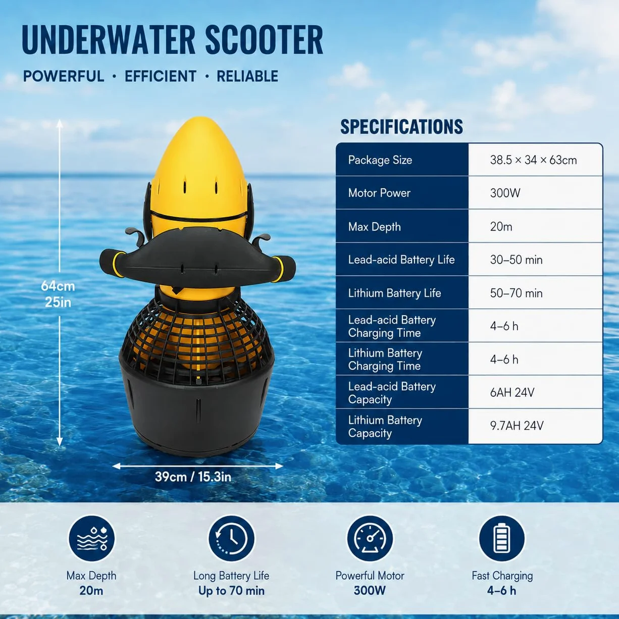 Vehículo Submarino de propulsión Buceo Sea Scooter, Seascooter De 500 W | Hélice de Buceo de 5,4 km/h, Scooter de Buceo Impermeable de Larga duración para Buceo, natación y fotografía submarina