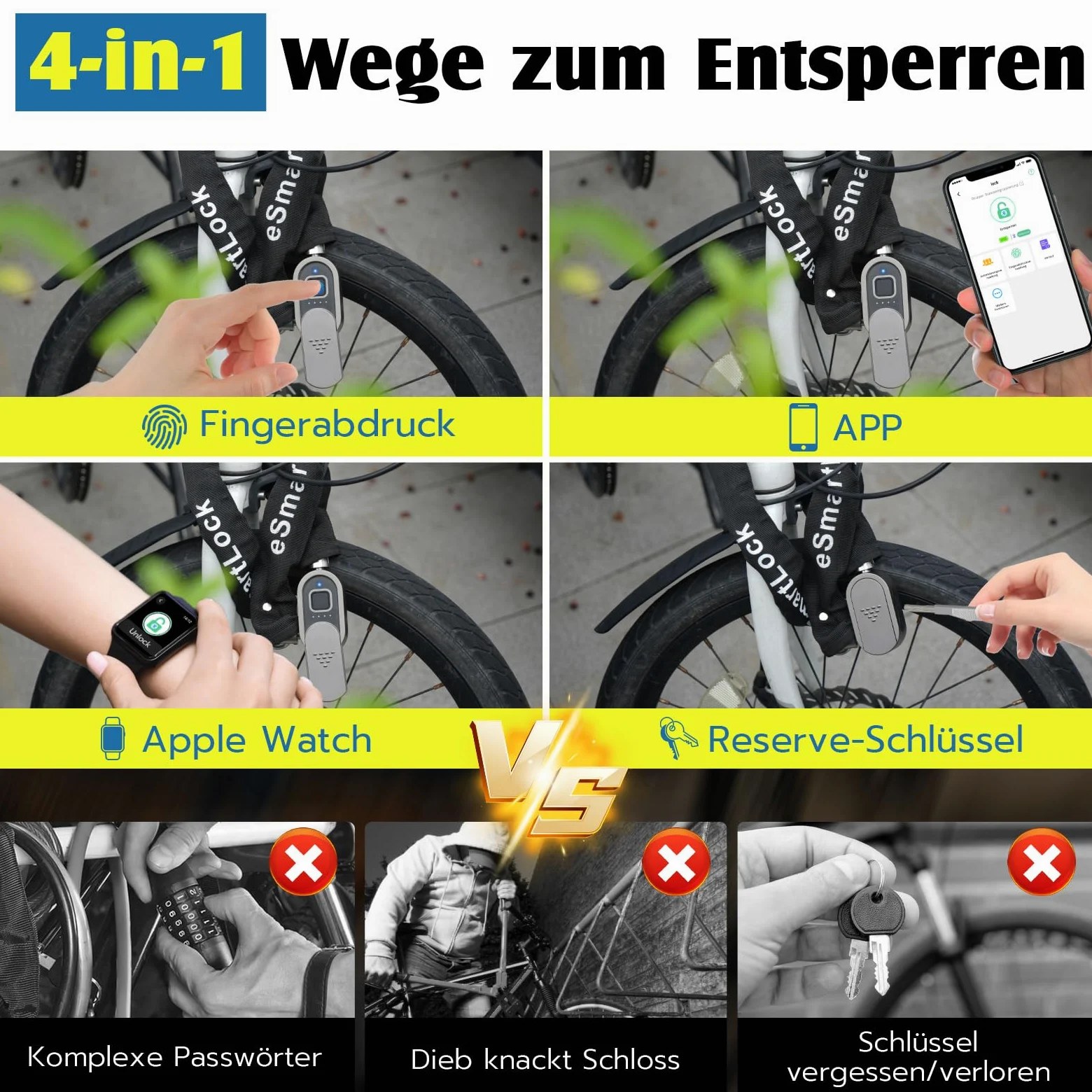 Anweller Candado para bicicleta con huella dactilar con llave, 100 cm, 8 mm de grosor, alta seguridad, resistente al agua para bicicleta/e-scooter/bicicleta eléctrica/MTB/motocicleta/bicicleta de