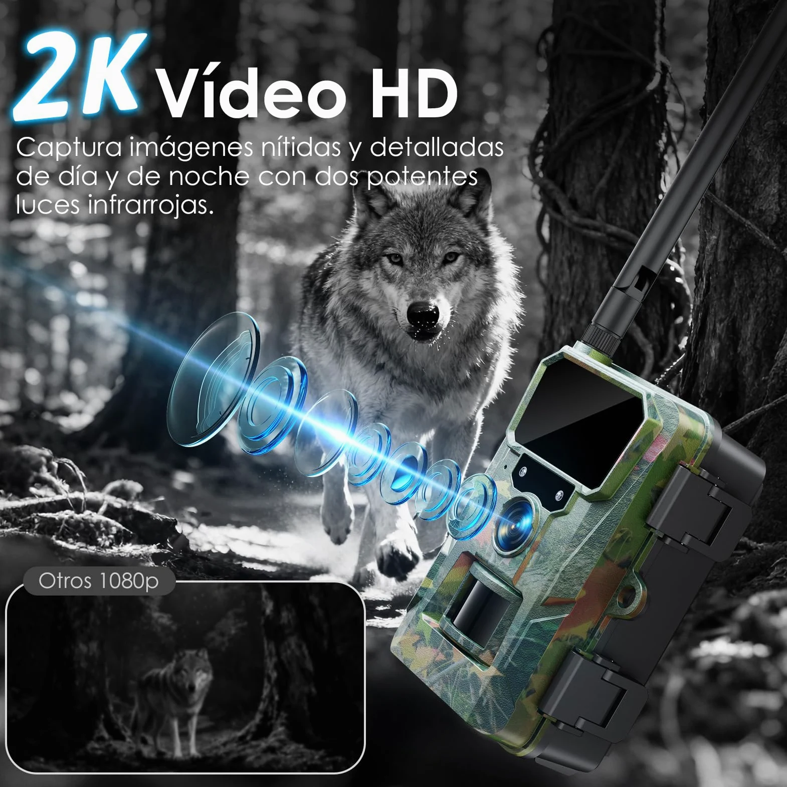 WOLFANG Cámara de Caza 4G, Cámara Fototrampeo 48MP 2K, 5200 mAh Batería, Nocturna 850 NM LED IR con 0,2 s Activación, Cámara Caza Impermeable IP66 para Vida Silvestre