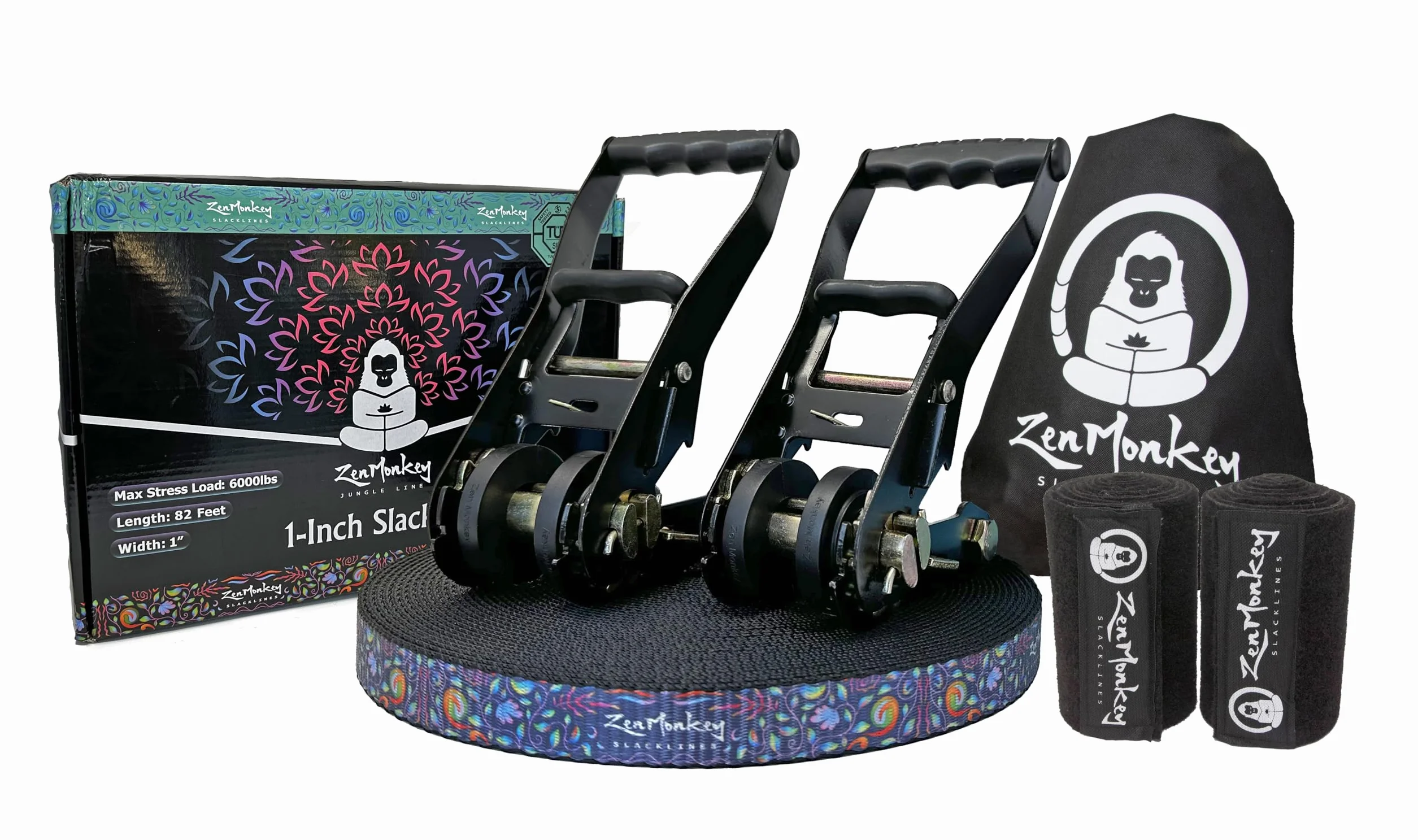 ZenMonkey - Kit de Cuerda Floja de 1 Pulgada con Sistema de trinquete Doble, Correas de Dos Tonos, Protectores de árboles y Bolsa de Transporte