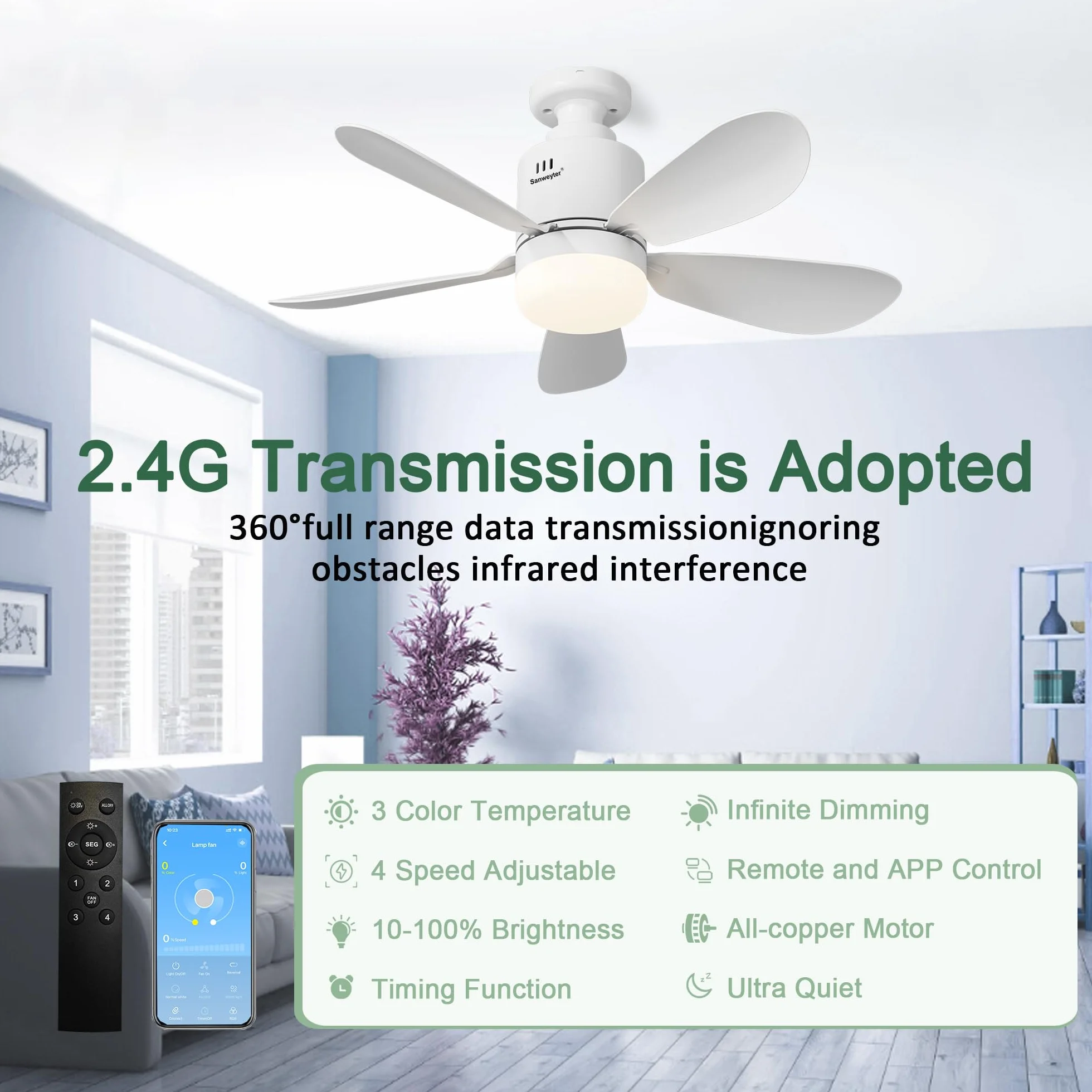 Ventilador de Techo con LED, Mando a Distancia 24W 53cm 3 Tonos Luz 4 Velocidades
