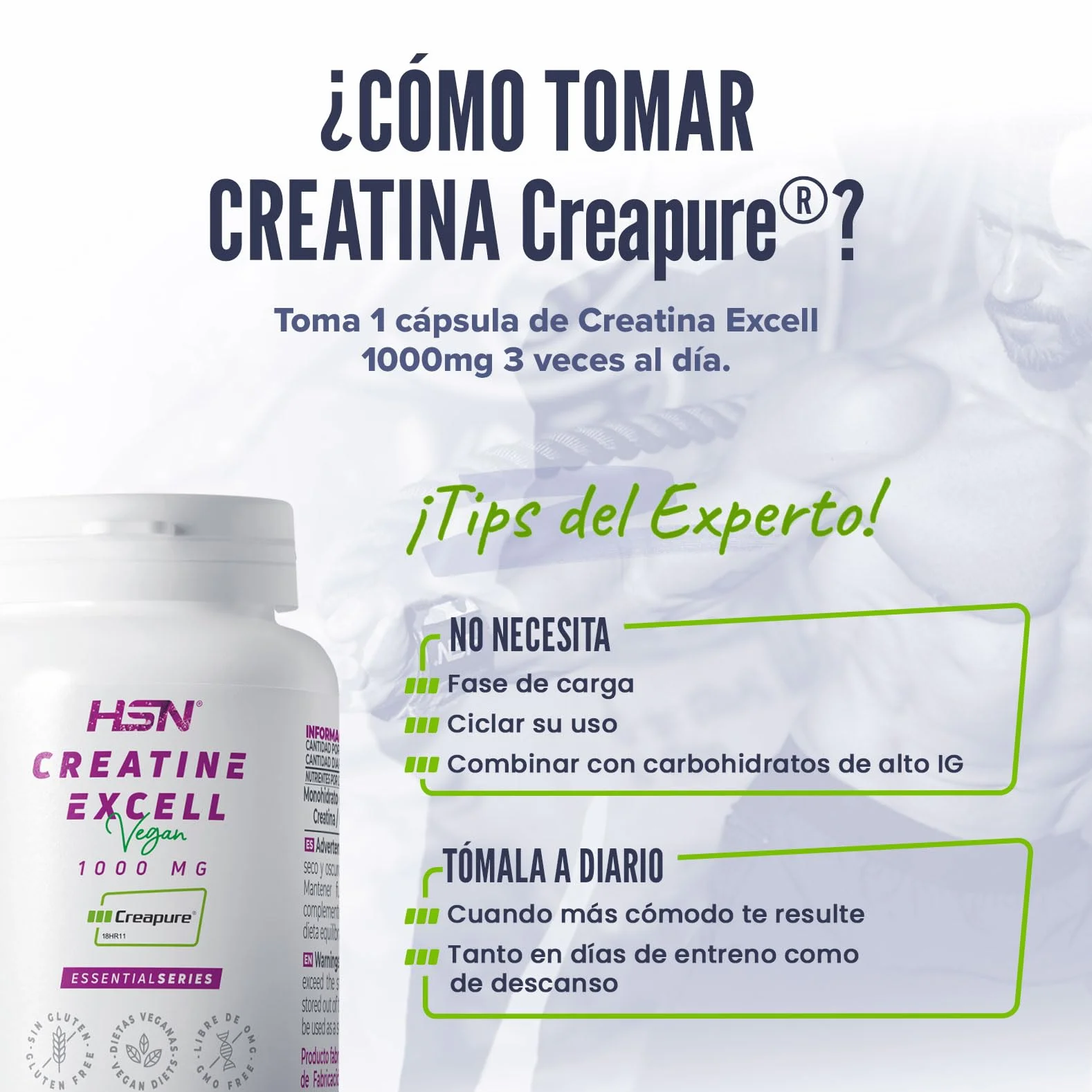 HSN Creatina 100% CREAPURE® Cápsulas 120 Unidades 40 Servicios Monohidrato de Creatina Micronizada Vegano Sin Gluten