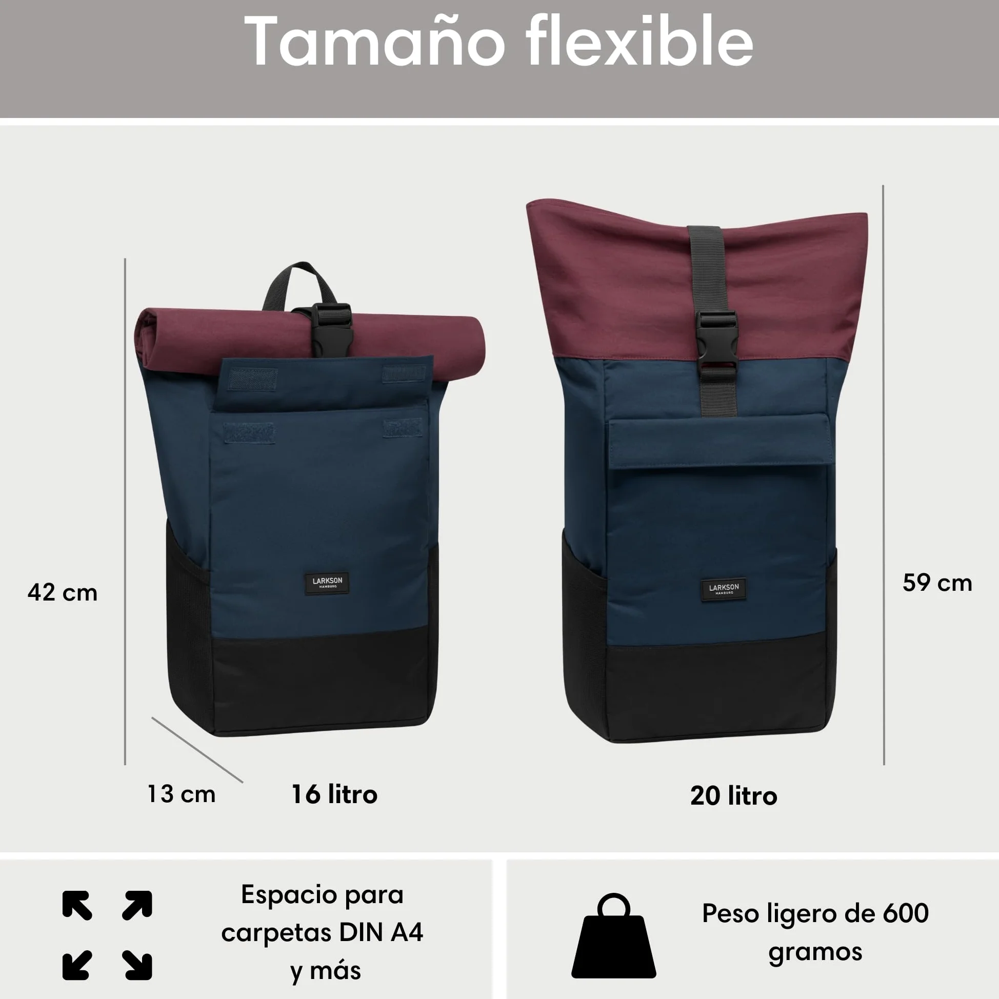 LARKSON Mochila Enrollable Hombre & Mujer - No 4 - Macuto para Viaje, Uni, Trabajo - de Botellas Pet Recicladas - Bolso para Portátil - Impermeable