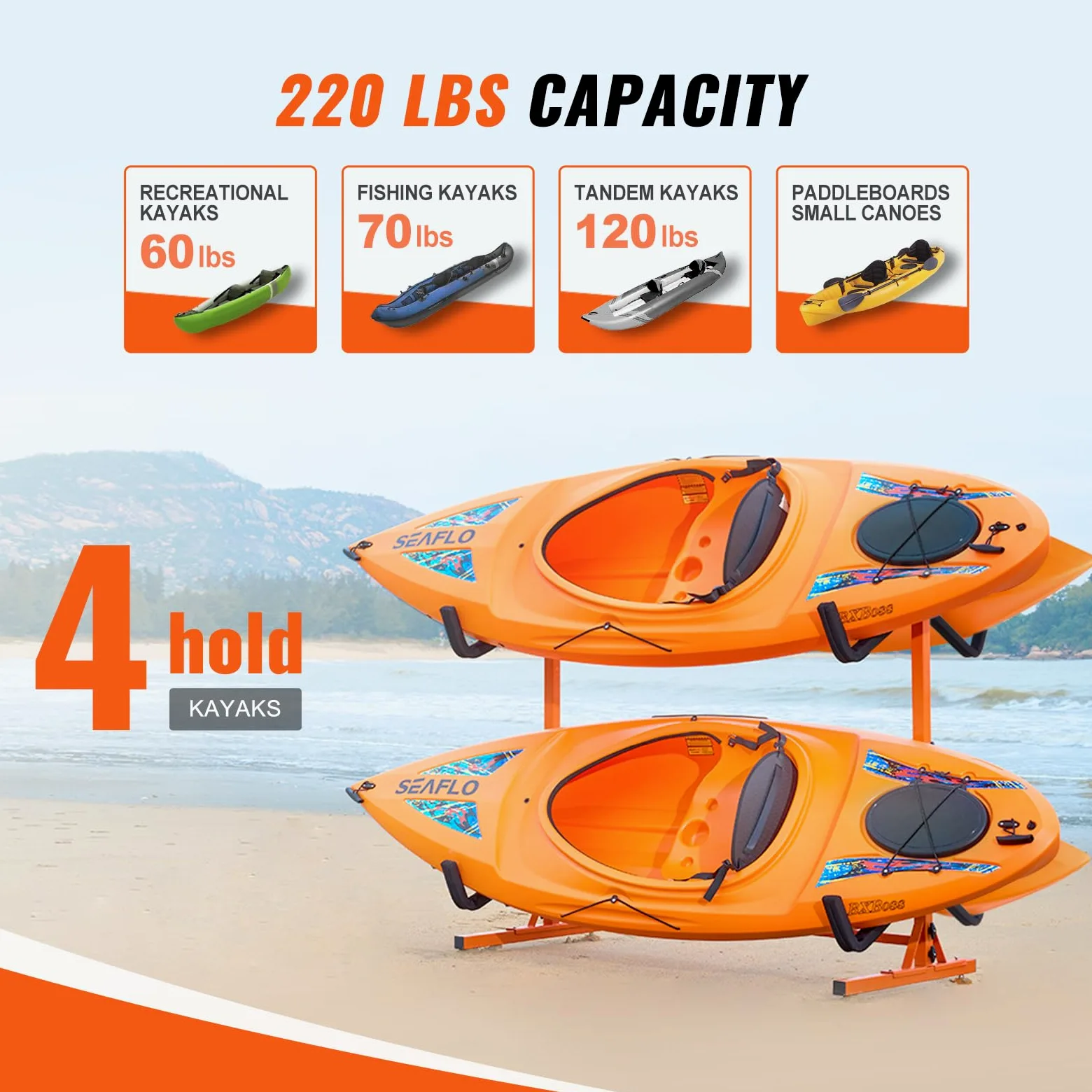 VEVOR Soporte para Kayak Independiente, 4 Piezas de Capacidad, Porta Kayak, Remo para Canoa, Soporte para Tabla de Remo de Acero Resistente con Brazos Acolchados, Ancho Ajustable, Carga 100 kg