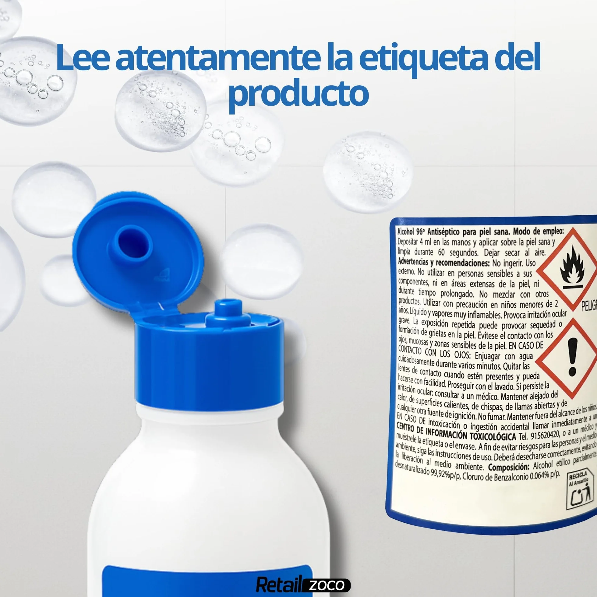 Alcool 96º Etanol 1000 ml Antiseptico Desinfectante Manos Tapón Seguridad