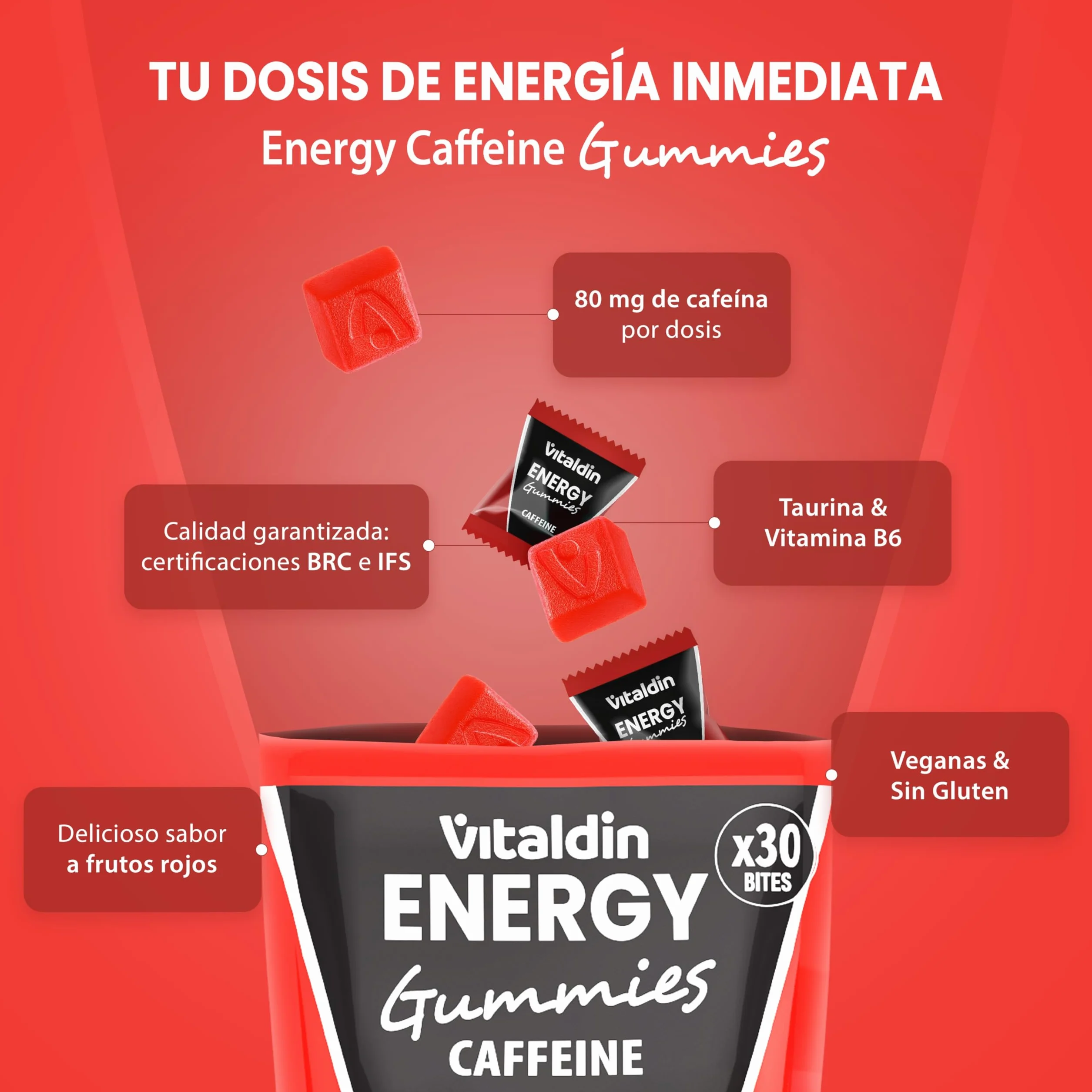 VITALDIN SPORT Power Gummies Caffeine & Taurine 80 mg Cafeína 40 mg Taurina Vitamina B6 30 Bites Sabor frutos rojos Vegano