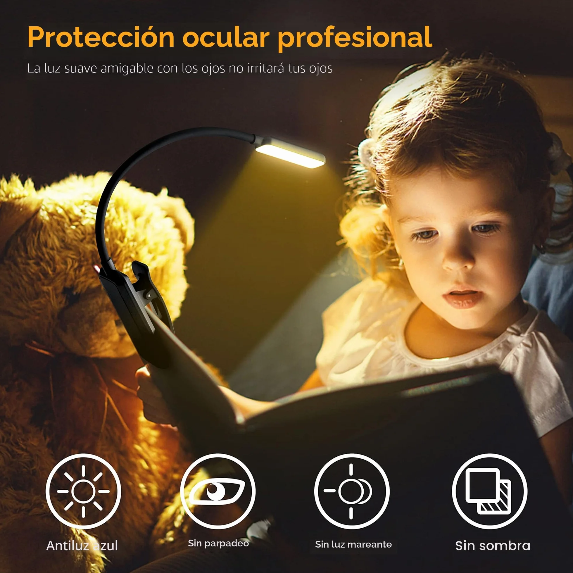 Gritin Lampara de Lectura Recargable con 9 LED 3 Modos Proteccion Ojos, Atenuacion Continua, Bateria Larga Duracion, 360° Flexible