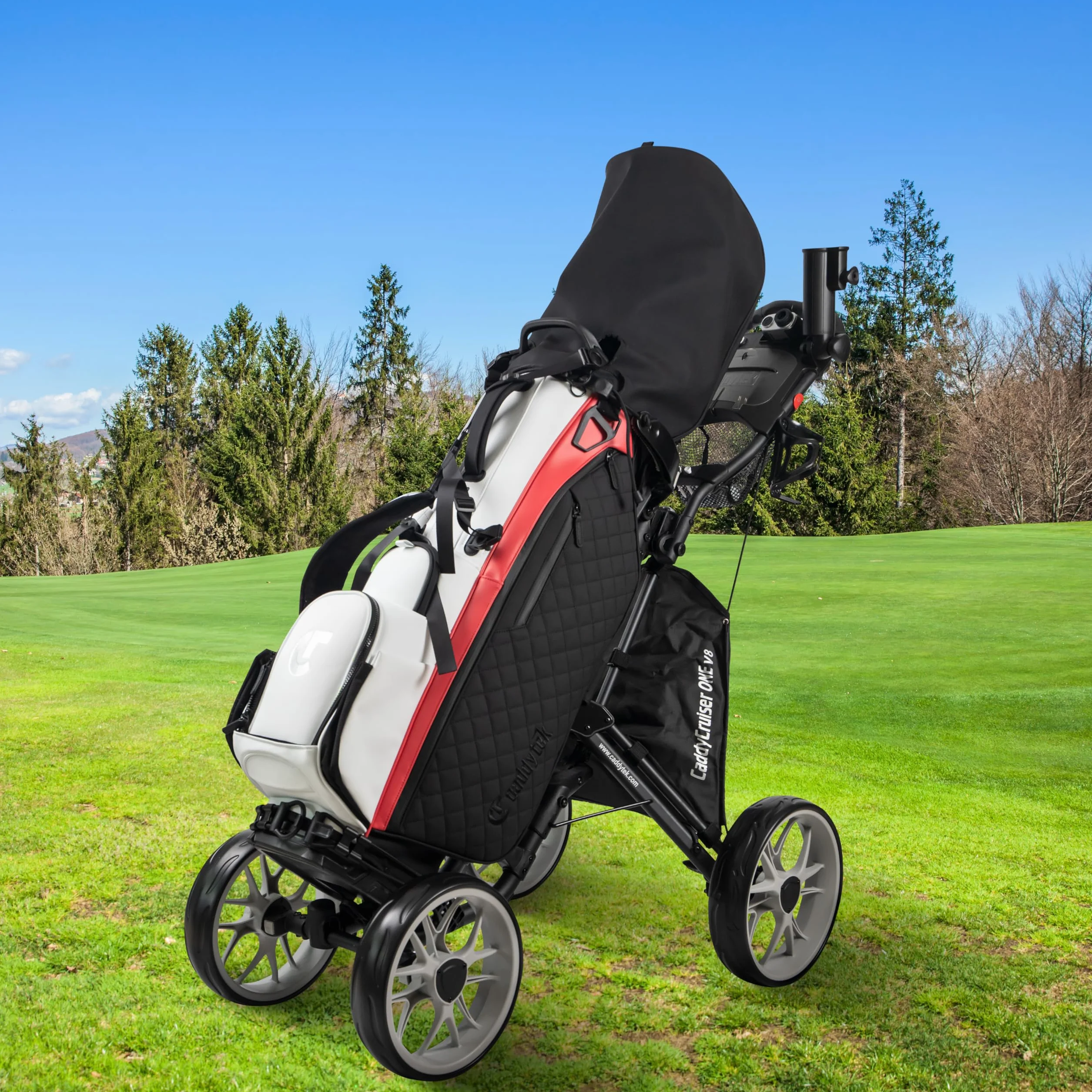 Caddytek Caddycruiser One Version 8 4 Wheel Golf Push Cart - 1-Click Folding Trolley Lightweight Compact Pull Caddy