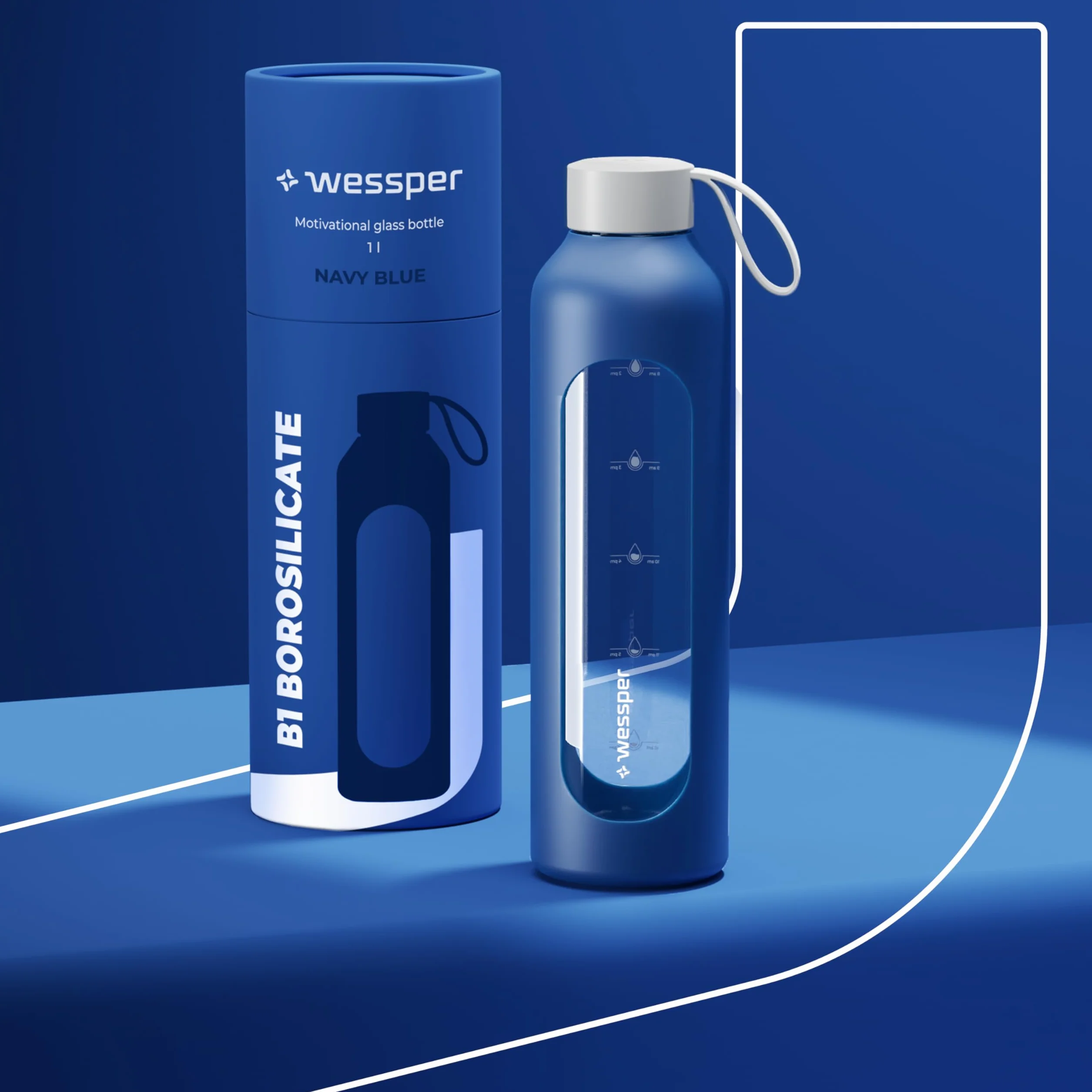 Wessper Botella de Agua Cristal, Botella 1 Litro Motivadora con Escala de Hidratación, Botellas de Vidrio Borosilicato con Funda de Silicona, Material Seguro sin BPA - Azul