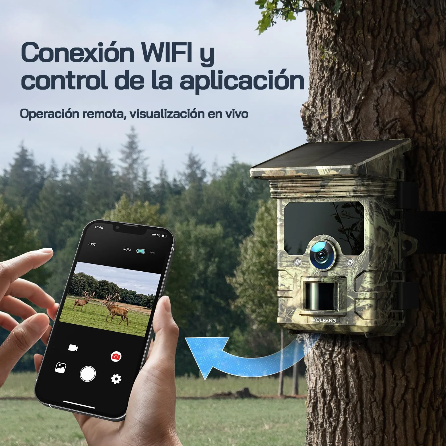 WOLFANG Cámara de Caza Solar 4K 30fps 46MP, WiFi Bluetooth Camara Fototrampeo con Visión Nocturna, Disparo de 0.1 s, IP66 Impermeable, Camara Caza para Monitoreo de Vida Silvestre con Tarjeta Micro SD