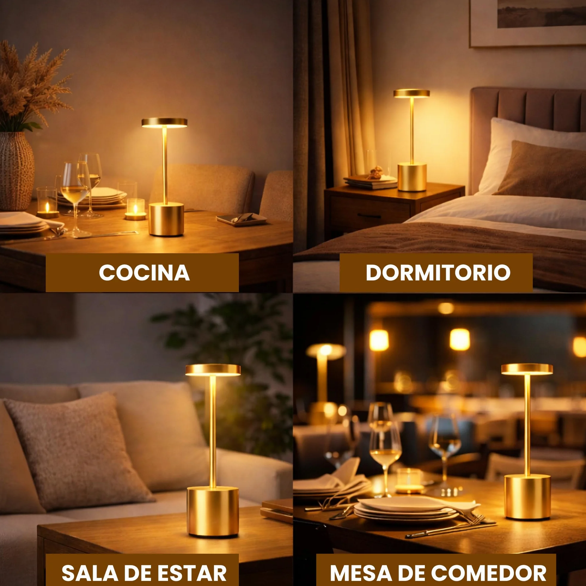 Lámparas de Mesa LED Inalámbricas Recargables Doradas Pack 2 – Control Táctil, 3 Modos de Luz, Brillo Regulable
