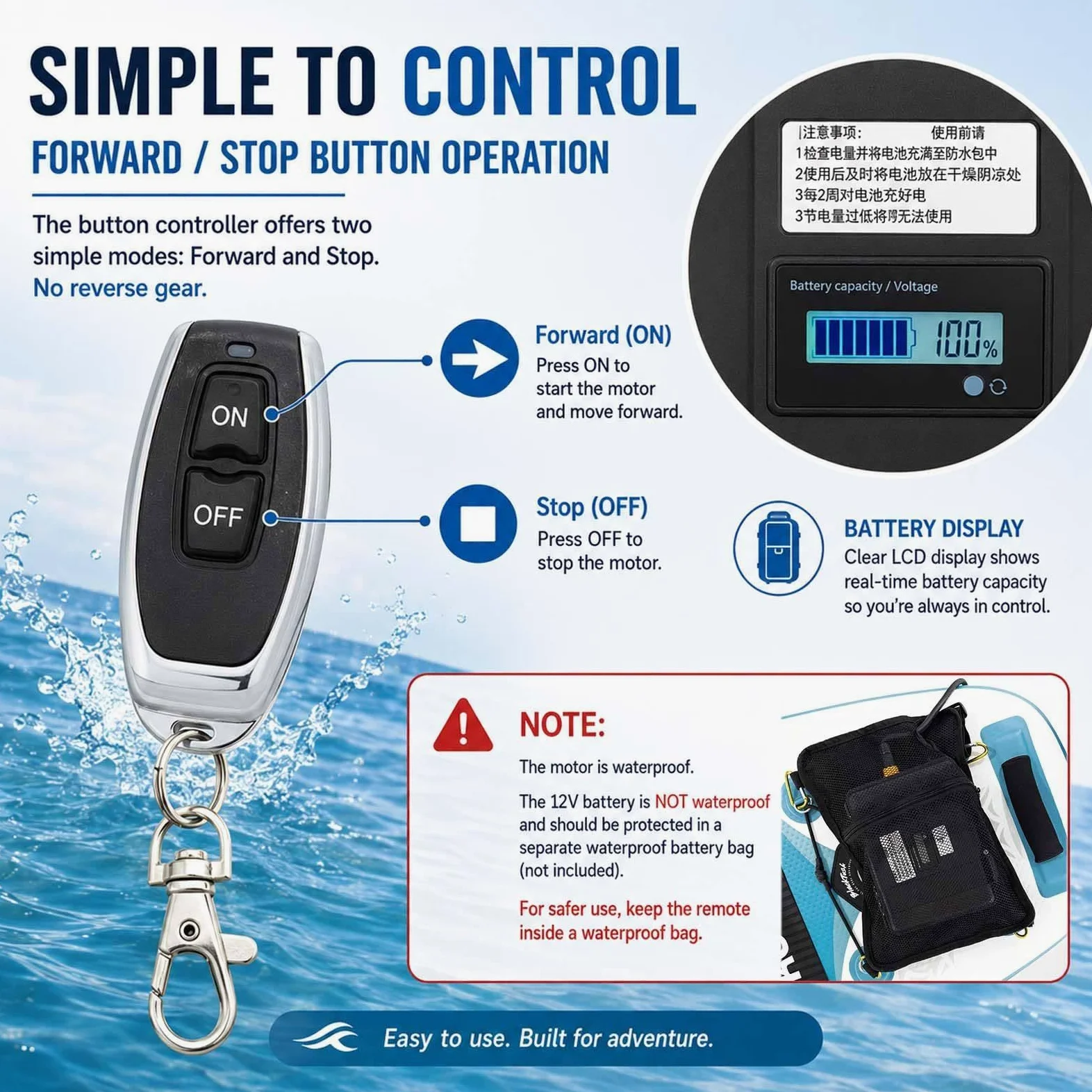 Motor Eléctrico Tipo Aleta para Sup 3-5 Km/H, Propulsor Submarino de 12 V para Kayak y Paddle Surf, Hélice de Doble Velocidad 216W