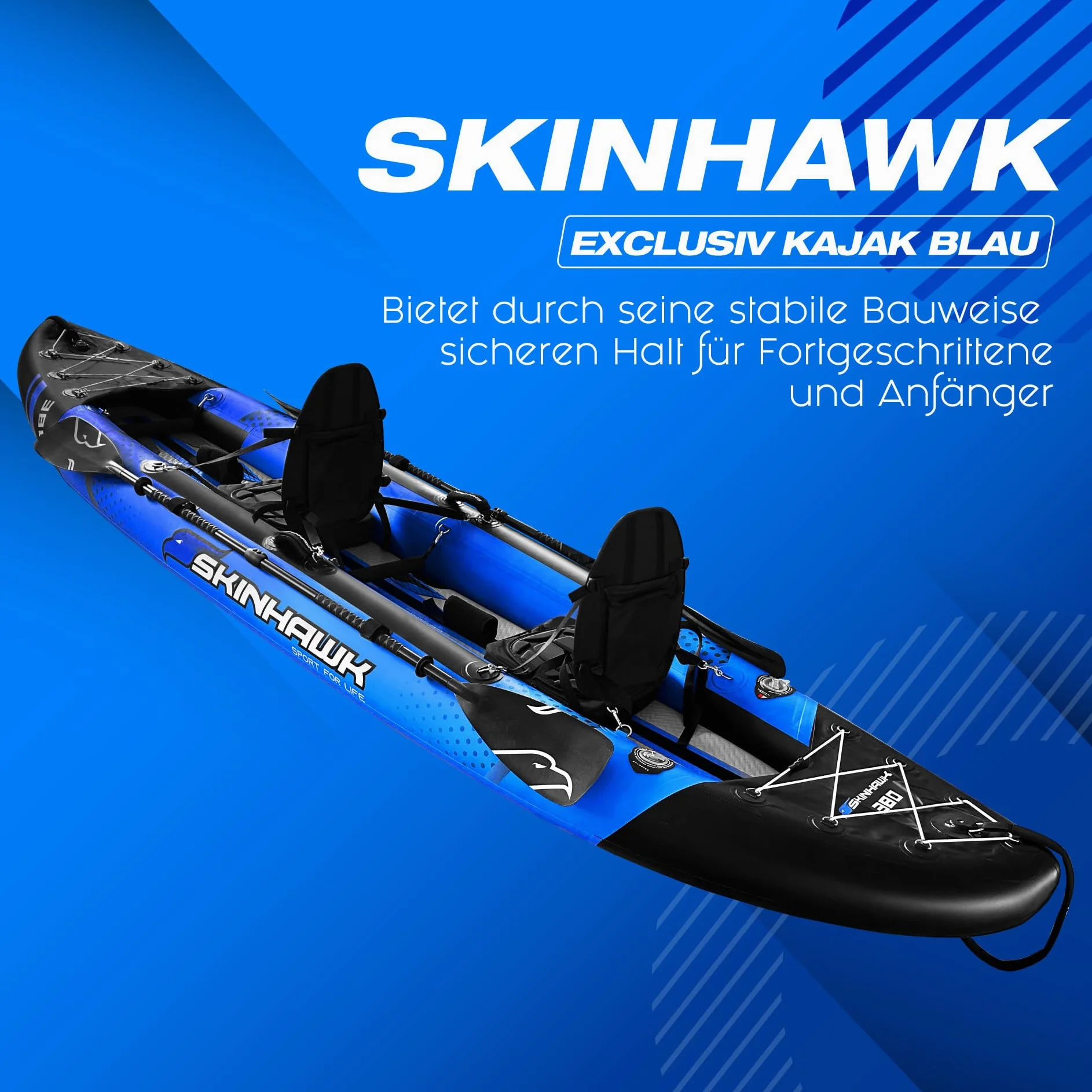 SKINHAWK Exclusivo juego de kayak azul 380 – bote inflable – canoa – 380 x 96 cm – kayak para 2 personas