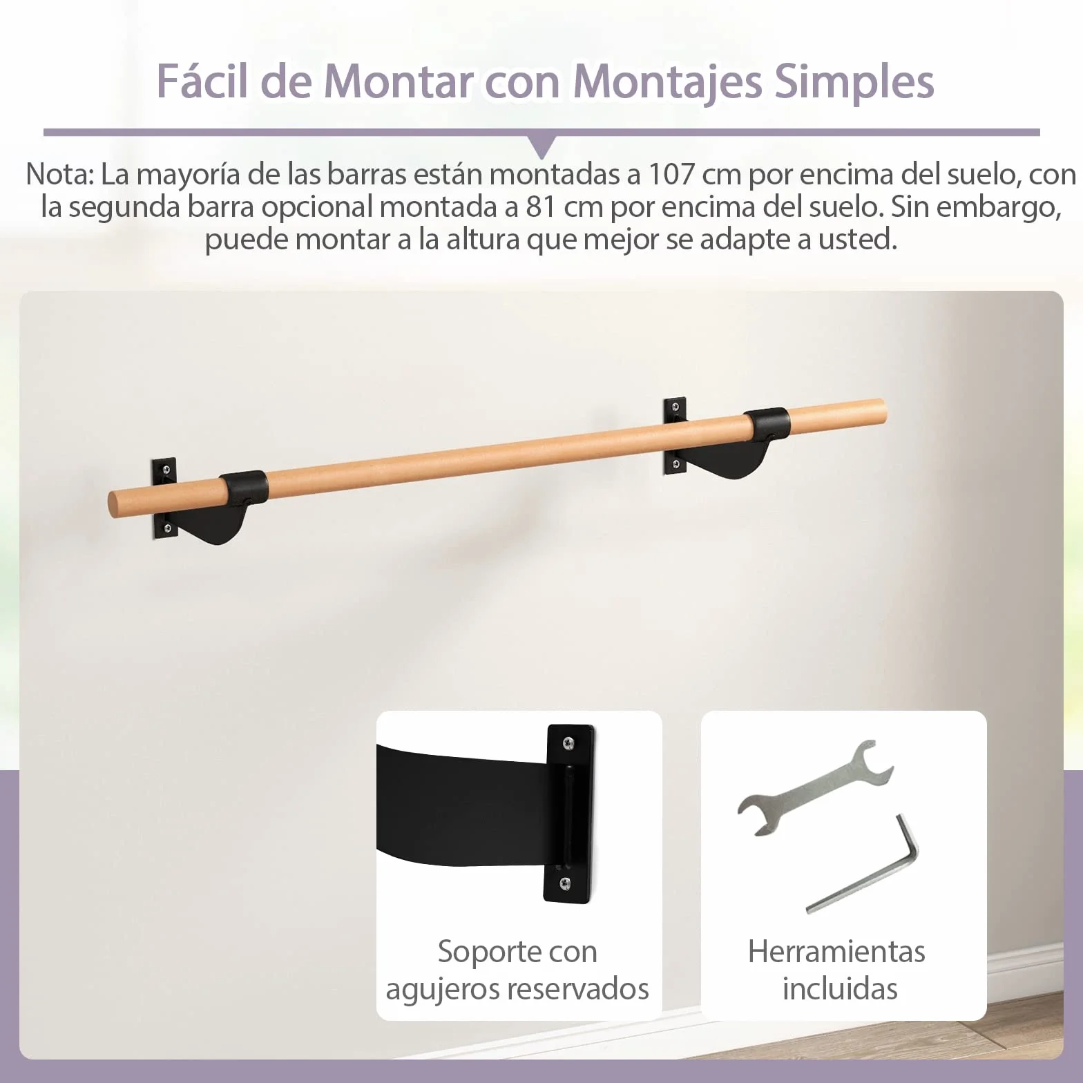 COSTWAY Barra de Ballet de Pared 120 cm, Altura Fija para Yoga, Estiramiento, Entrenamiento