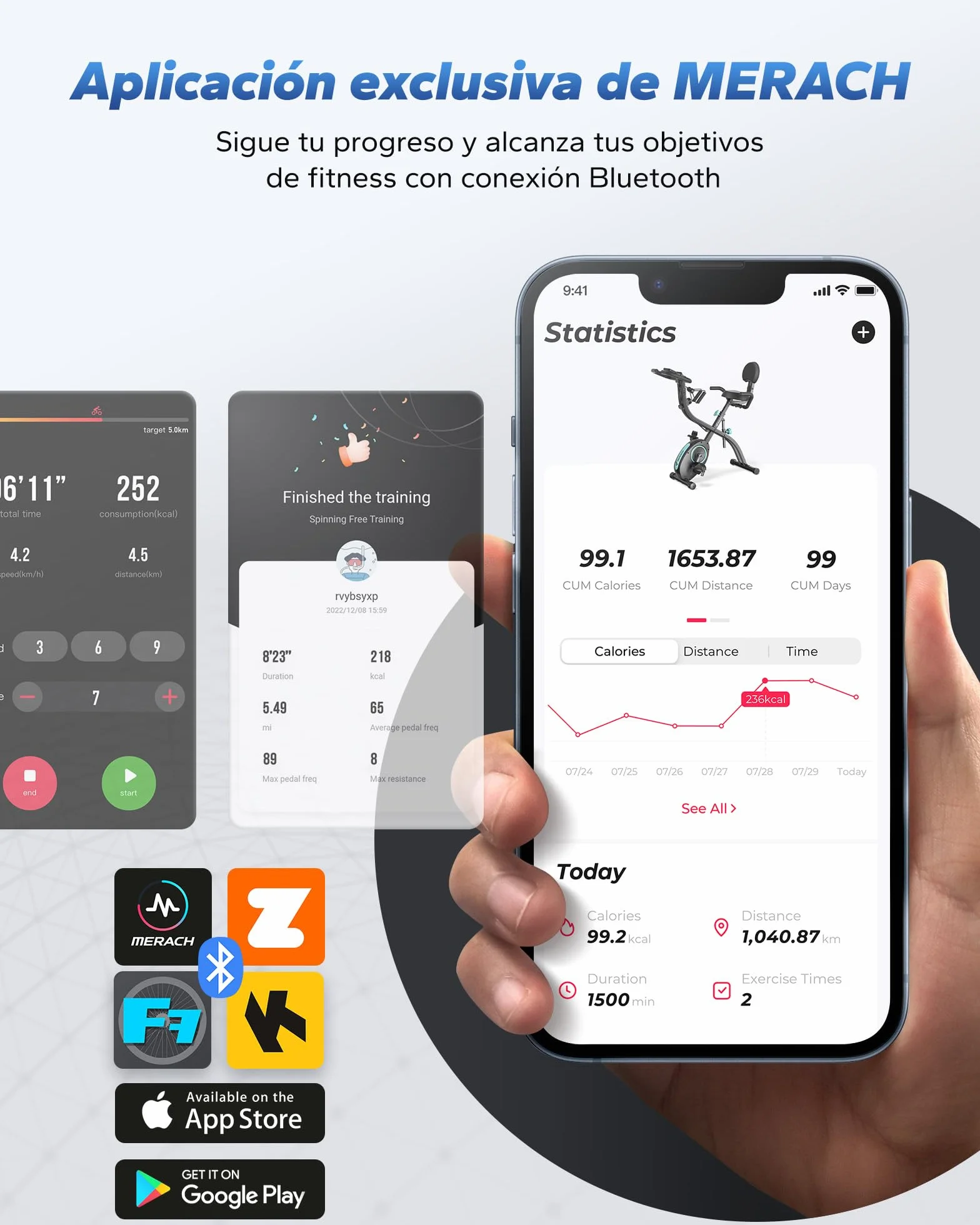MERACH Bicicleta Estática 4 en 1 con App Entrenamiento, Bicicleta Estatica Plegable Silenciosa, Resistencia Magnética de 16 Niveles, Banda de Resistencia, Pantalla LCD, Medición Pulso, Asiento Cómodo