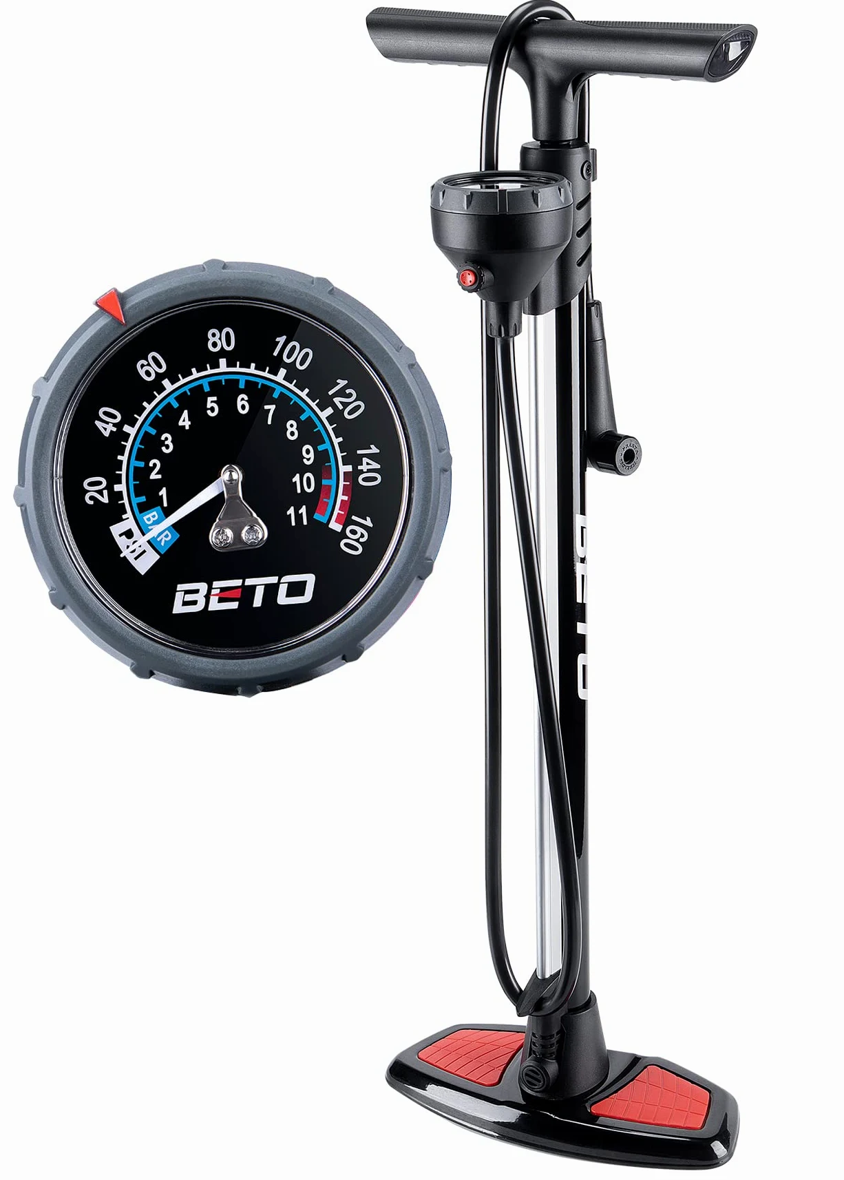 Beto Bomba de bicicleta portátil – Bomba de suelo para bicicleta con indicador industrial montado en la parte superior y botón de purga de aire – Válvula Presta Schrader Dunlop universal, tubo de