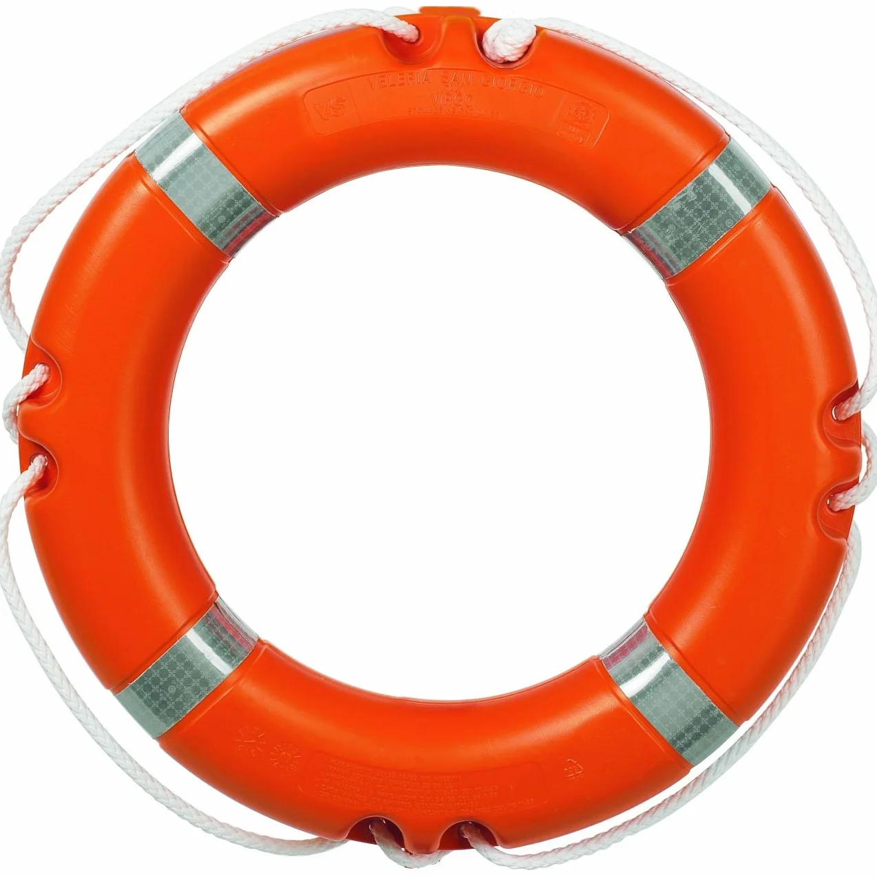 Flotador anular homologado con tiras reflectantes para piscina. Diámetro exterior 61 cm, interior 41 cm. Peso 2,5 kg.