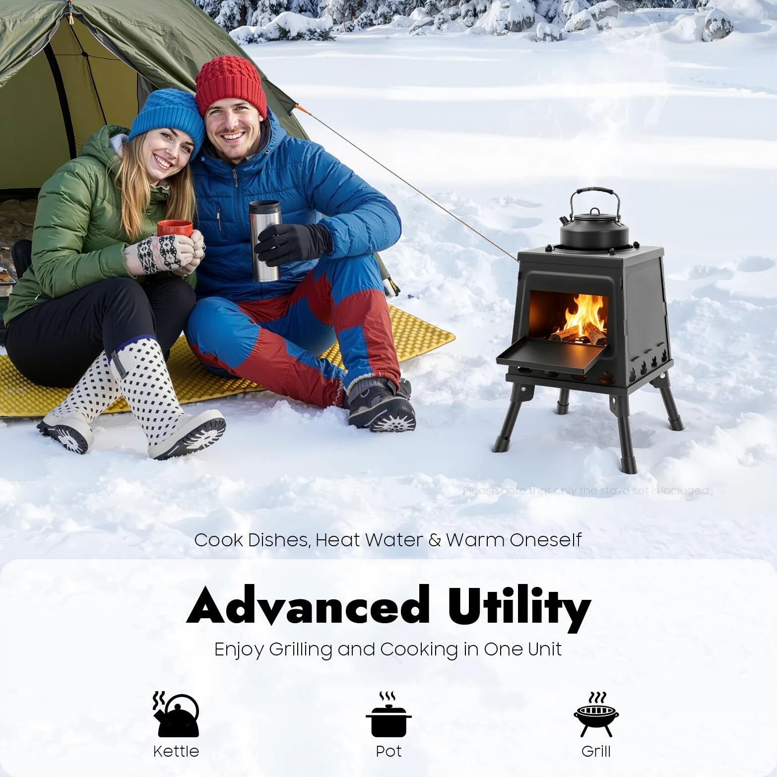 Estufa portátil de acero plegable para camping, estufa de leña multifuncional para exteriores, para 3-5 personas, color negro