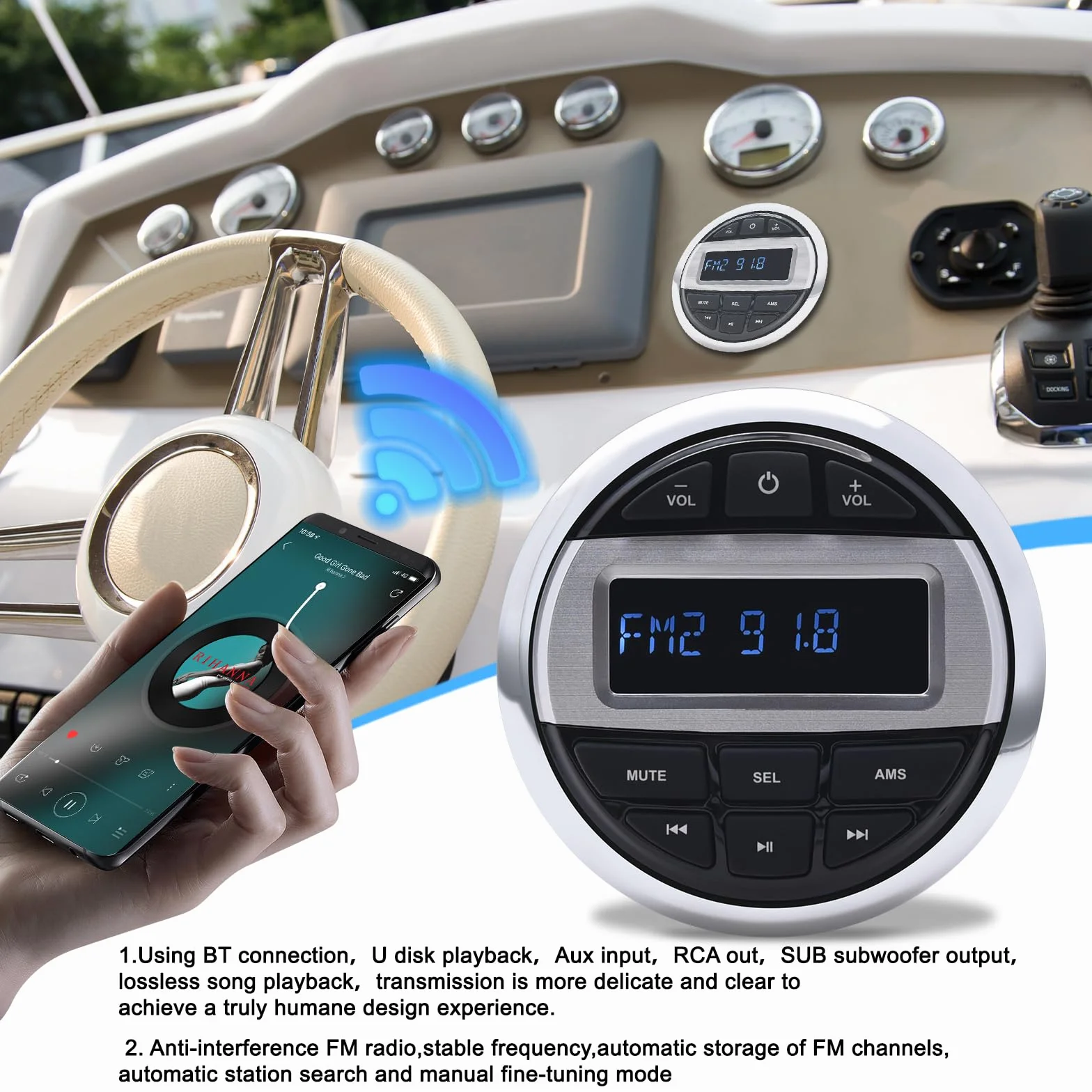 Geloo Marine Radio Stereo Reproductor de MP3, Barco Marina FM/Am Radio Receptor Impermeable para Marinos Yates, Estéreo Barcos