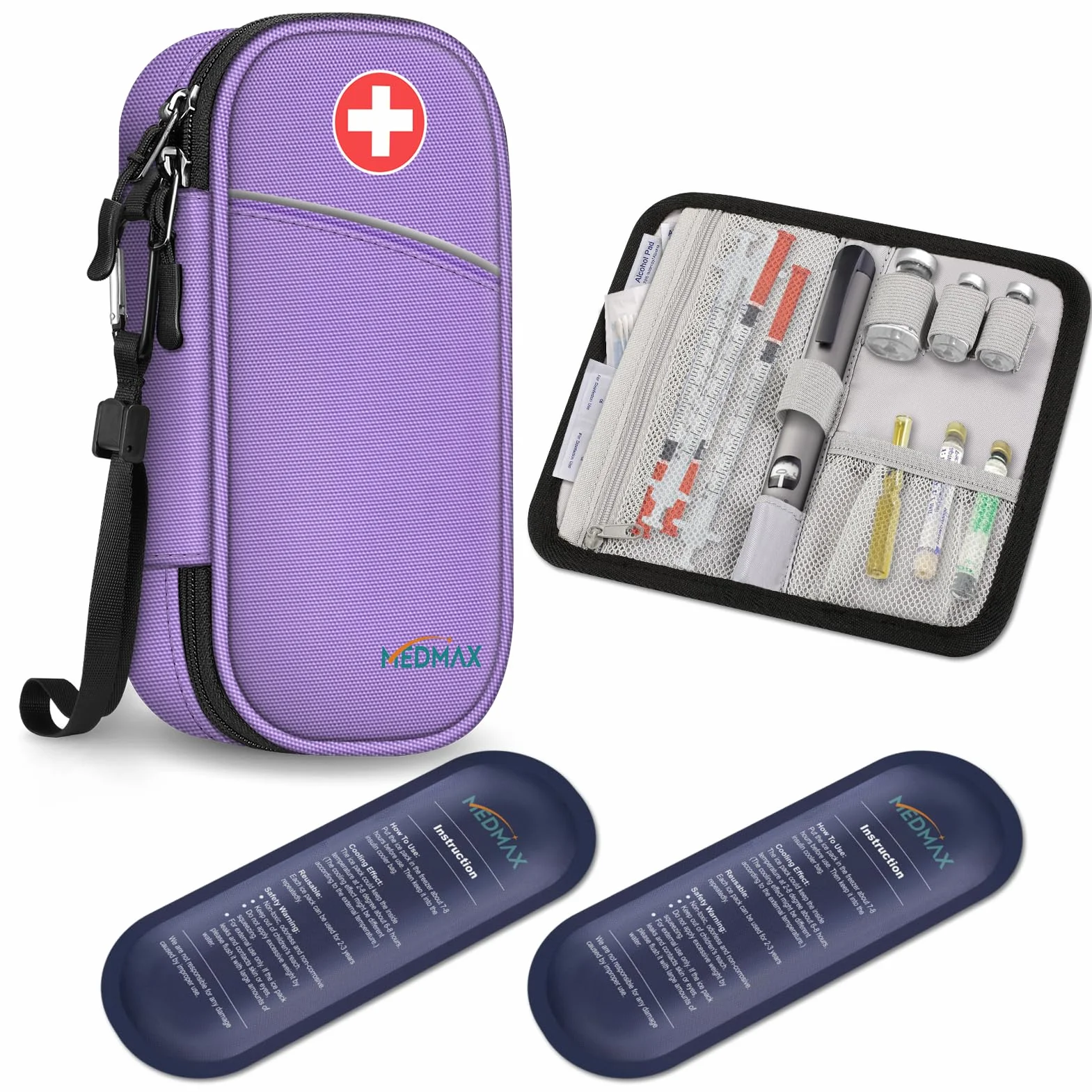 MEDMAX Enfriador Bolsa de Insulina 2 Paquetes de Hielo, Portátil Organizador de Medicamentos Aislado, Estuche para Bolígrafos de Insulina, Púrpura