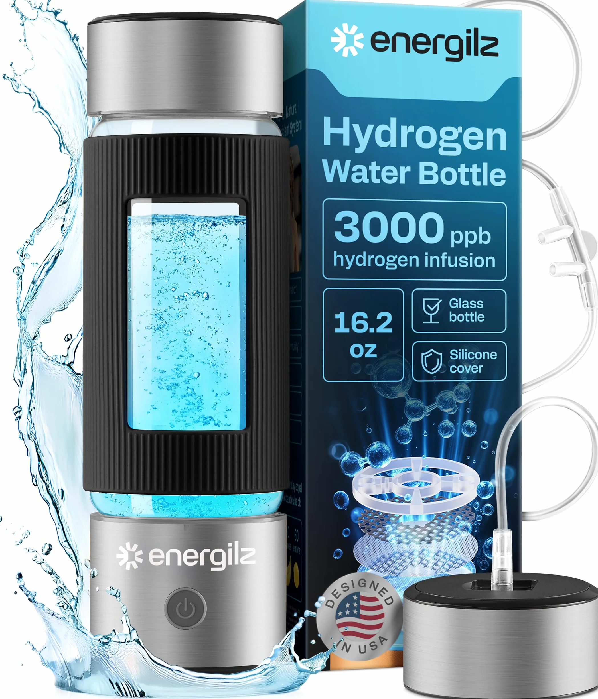 Botella de agua de hidrógeno | Generador de botella de agua de hidrógeno grande de 480 ml, 3000 ppb, máquina de hidrogenación, generador ionizador hidrogenado SPE/PEM (acero con negro)