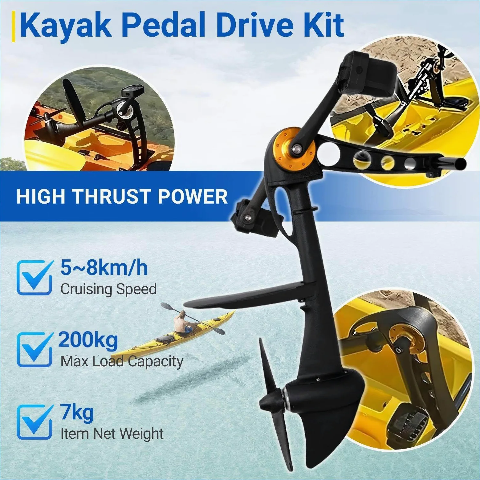 Kit Completo de Propulsión a Pedales Para Kayak, Sistemas de Propulsión Manos Libres, Propulsión Ergonómica con Hélice Retráctil, Apto Para Aguas Poco Profundas en Kayaks Recreativos y de Pesca