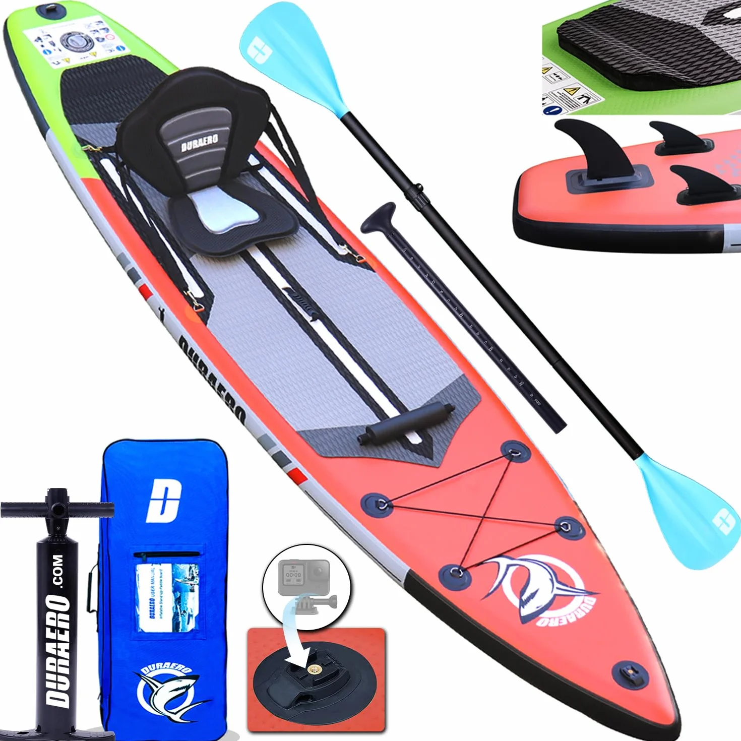 Tabla Hinchable de Paddle Surf con Asiento de Kayak, 330 x 76 x 15 cm, hasta 150 kg, Almohadilla Integrada, Aleta Desmontable, Doble Remo Ajustable, Kit de Reparación (Rojo)