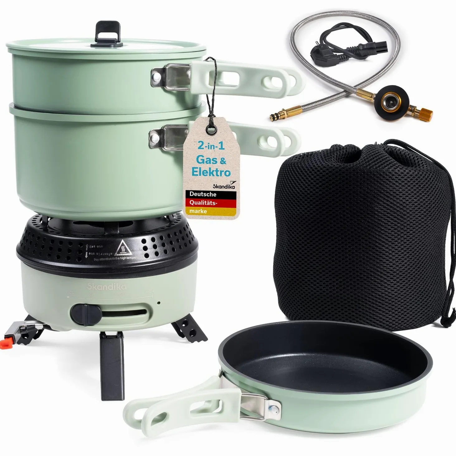 Skandika Hornillo de camping Rask | Hornillo híbrido para camping, 2 en 1, funciona con electricidad o gas, encendido piezoeléctrico, con utensilios de cocina (verde)