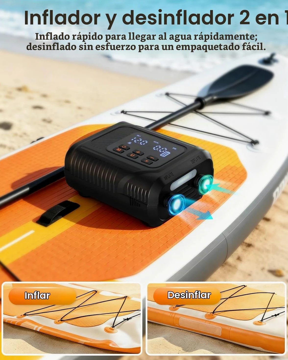 Bomba Eléctrica 20 PSI para Sup - Bomba Inteligente Recargable con Conector 12V, Inflado/Desinflado con Parada Automática - para Paddle, Kayak, Carpas, Colchonetas de Aire, Juguetes de Piscina