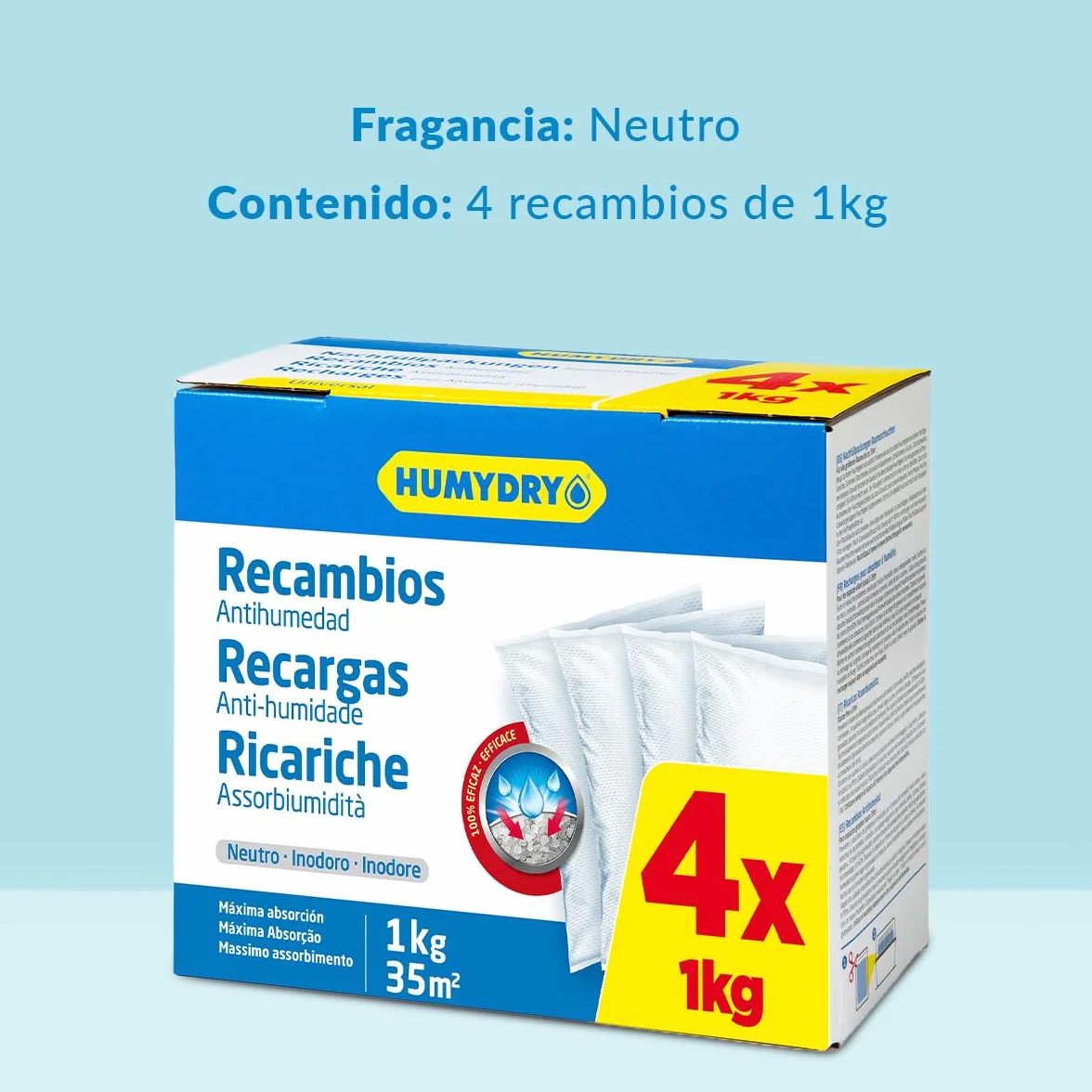 Recambio Deshumidificador 1kg Pack 4 Sin Perfume Absorbe Humedad 35 m² Compatible con Aparatos 1 kg Premium y Magnum