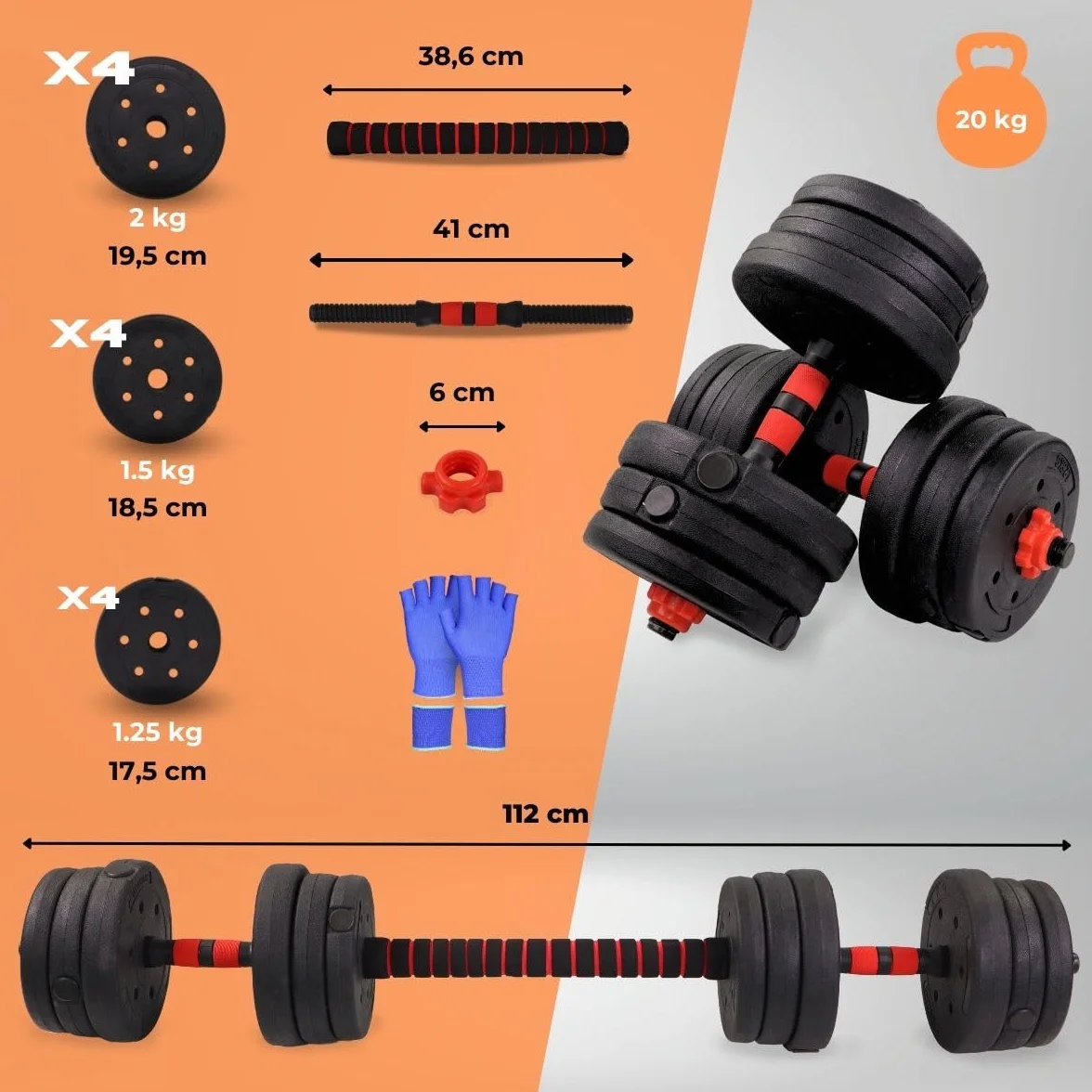 Mobiclinic Mancuernas ajustables 2 en 1 2-30 kg con barra extensión acolchada