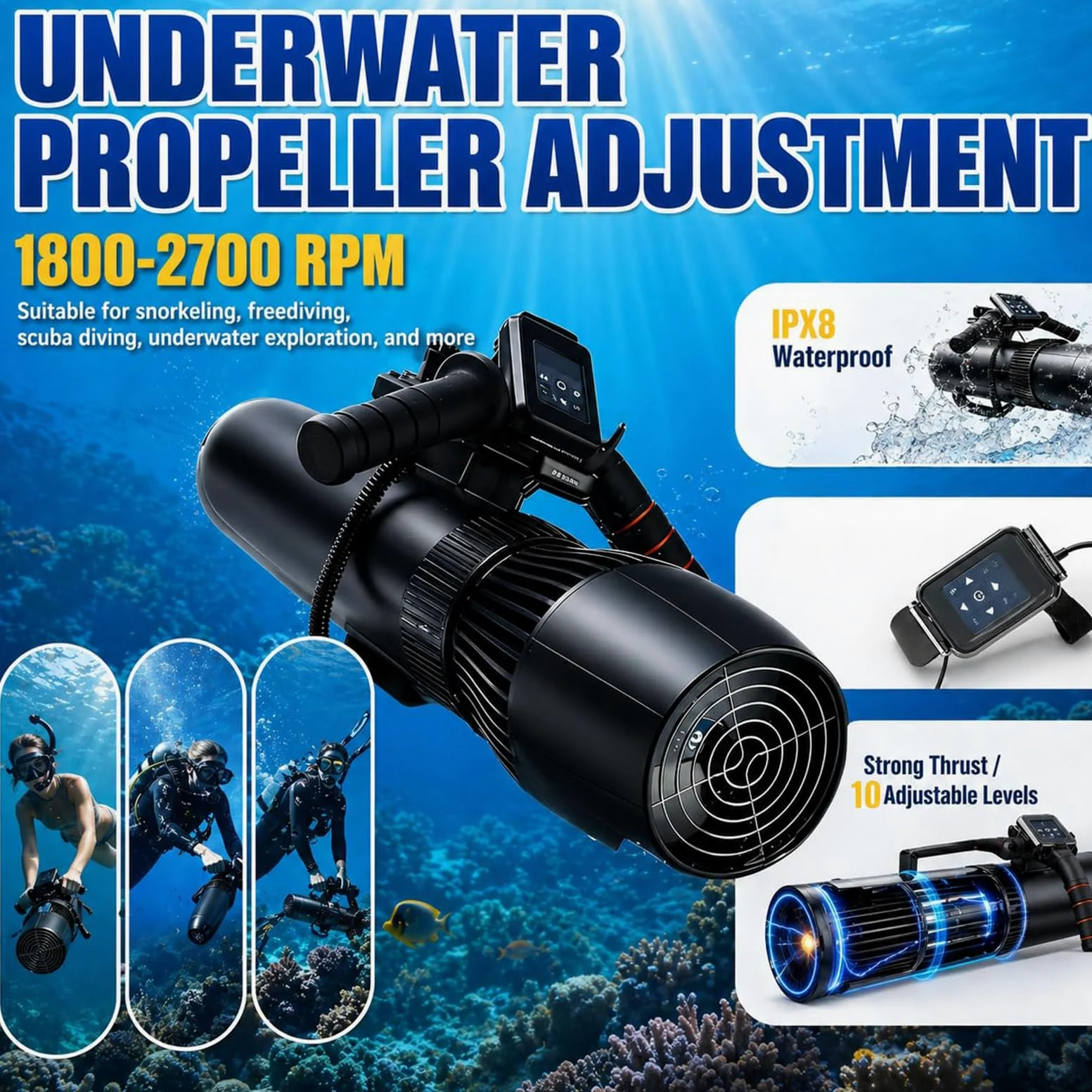 Patinete Eléctrico Submarino de 500 W, 10 Velocidades, 3-7 Km/H | Motor Acuático Brushless, Batería 16000mAh Autonomía 180-60 min, 30 m de Profundidad para Buceo y Esnórquel, Fácil Manejo