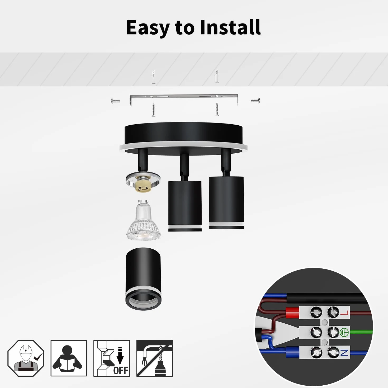 LVWIT Lámpara de Techo LED Giratorio 3 Focos GU10 Negro Metal
