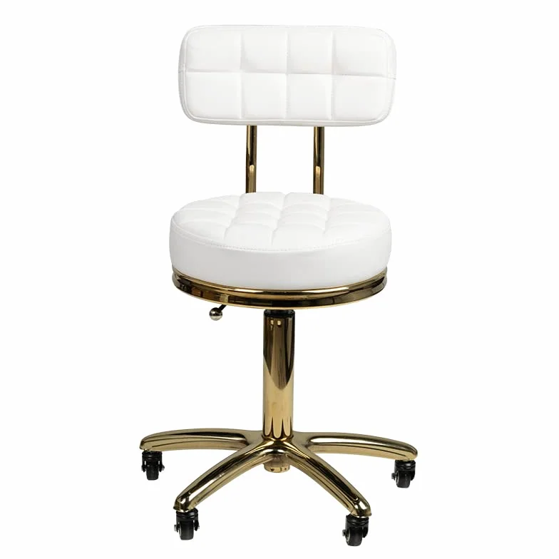 ACTIVESHOP Taburete cosmético con ruedas, altura regulable y respaldo blanco dorado AM-961