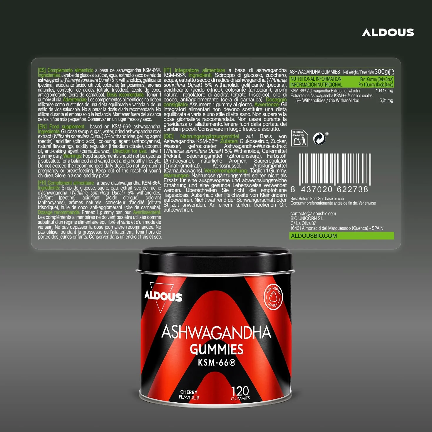 ALDOUS Ashwagandha KSM-66 Gominolas 120 Gummies sabor Cereza Relajación Natural