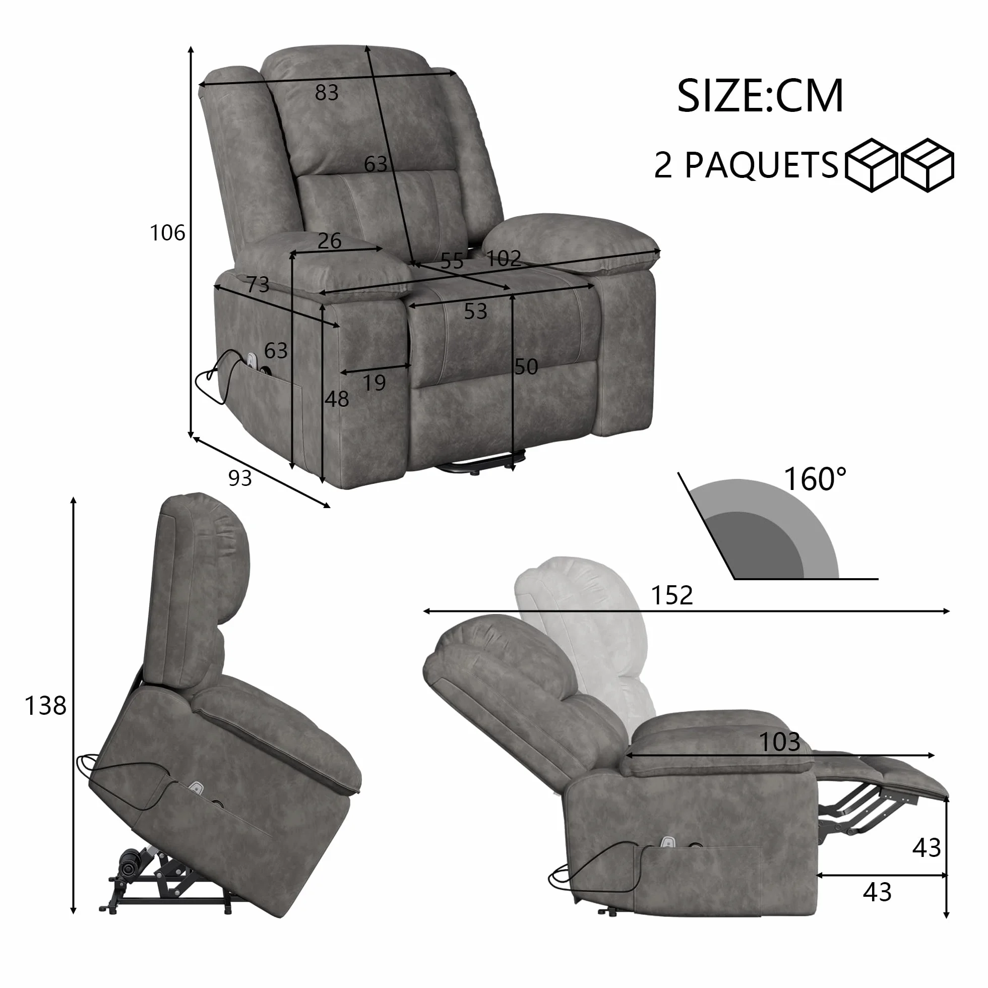Sillón Reclinable Eléctrico con Calefacción y Masaje, Gris