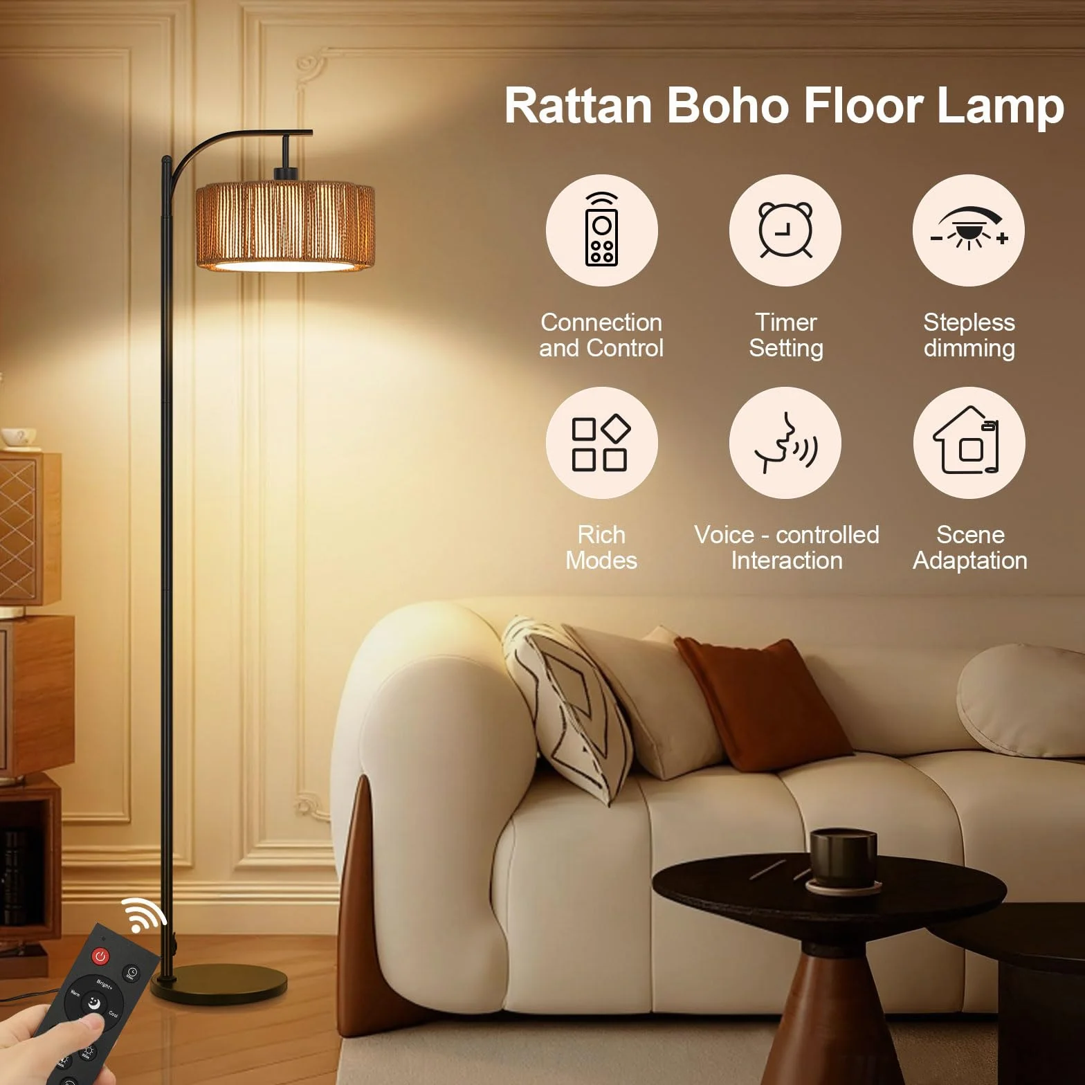 Lámpara de Pie RGB Regulable con APP y Mando, Ratán Boho Inteligente con Temporizador, Modo Música y DIY, Bombilla E27 Incluida