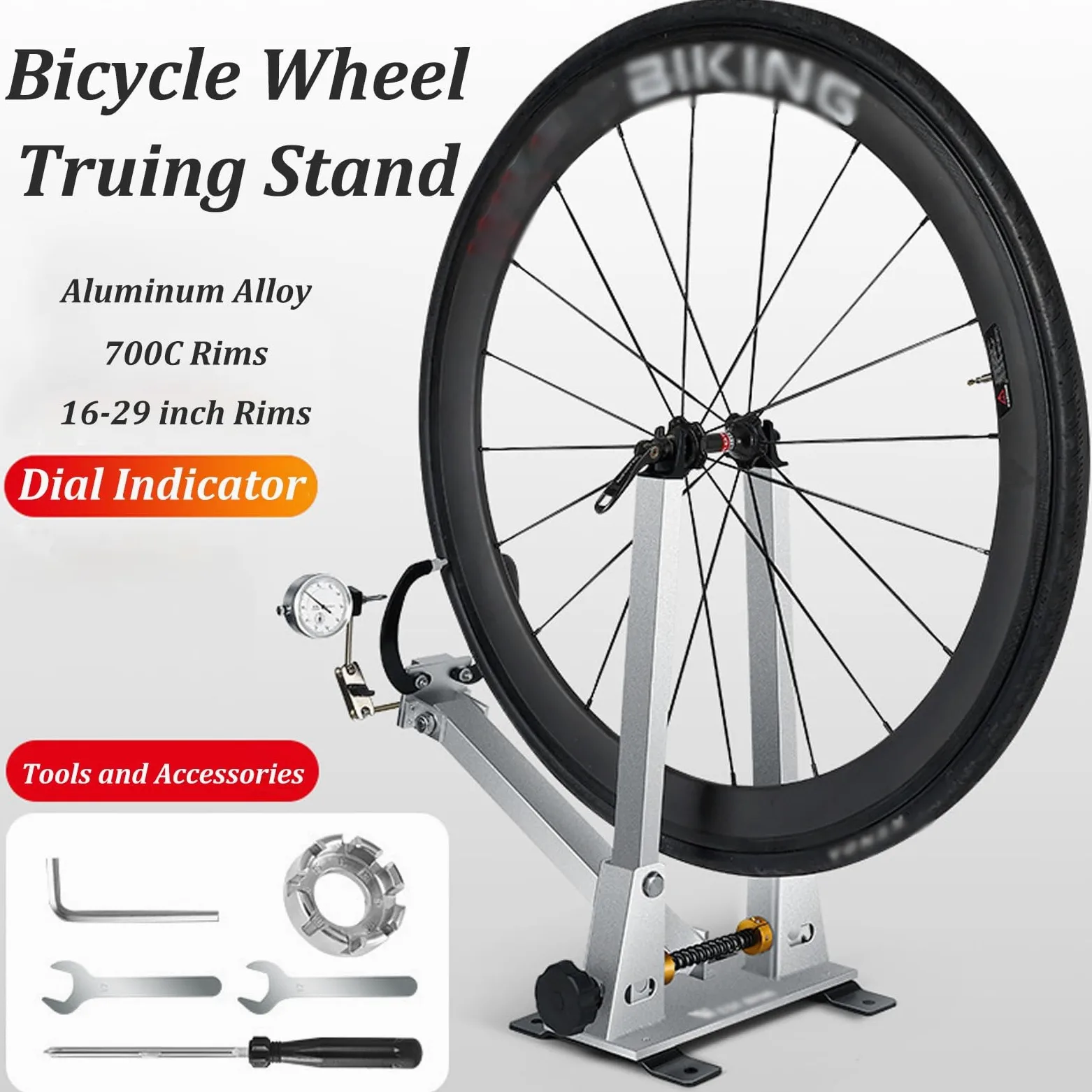 Soporte Rueda de Bicicleta aleación de Aluminio, Ruedas de 16 a 29 Pulgadas Ruedas 700C con indicador cuadrante Herramienta de Equilibrio alineación Soporte reparación de Mantenimiento