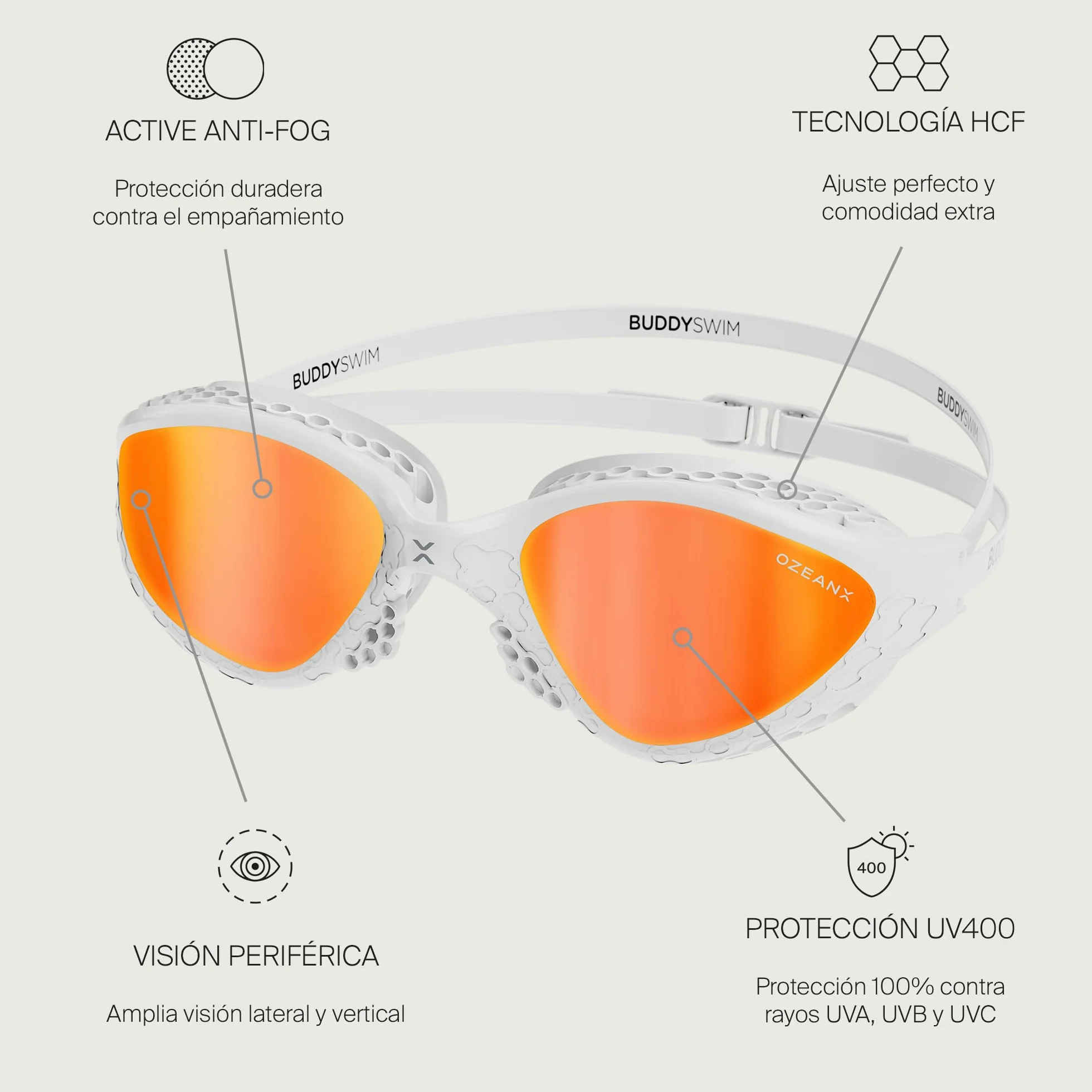 OzeanX Gafas Natacion Hombre Mujer Proteccion UV400 Antivaho Lentes XVISION Panoramicas Ajuste Hidrodinamico
